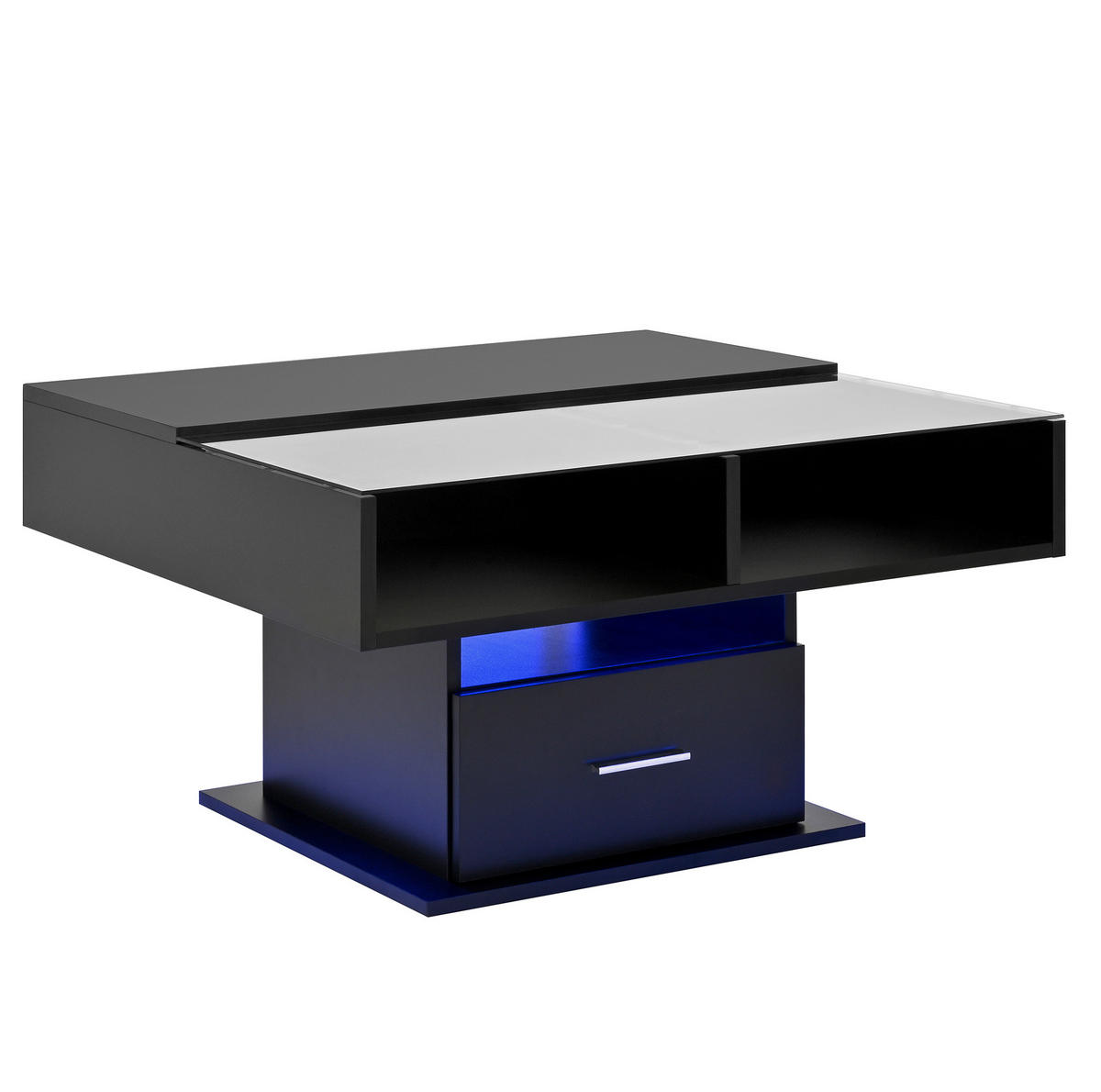 COUCHTISCH 78/78/45,5-59,5 cm mit LED-Beleuchtung und höhenverstellbarer Platte - Schwarz, Holzwerkstoff (78/78/59.5cm) - Flora Grace