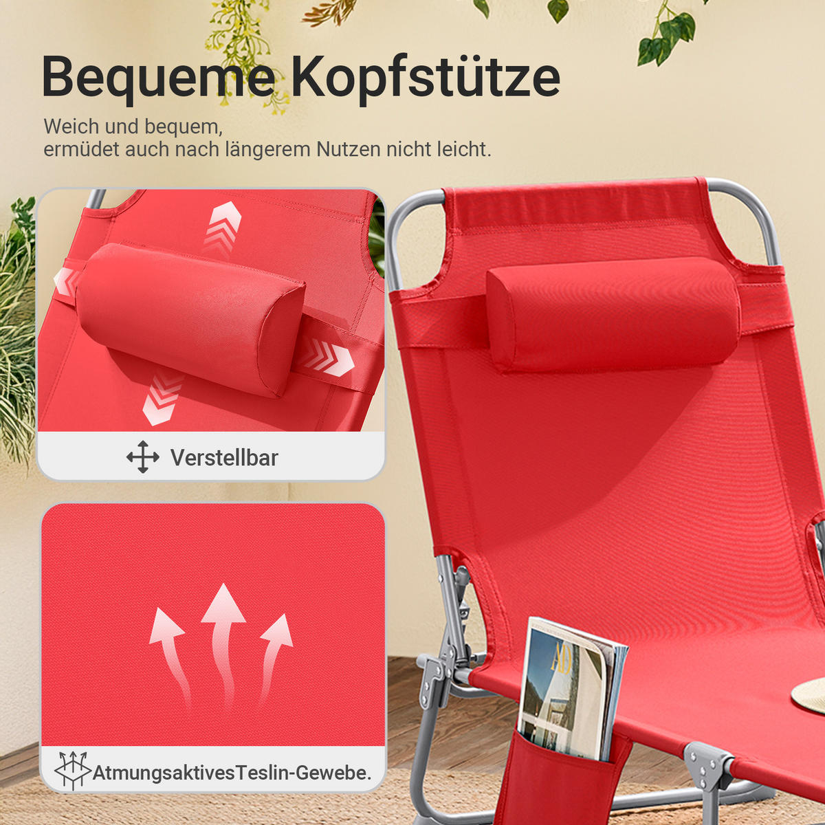 SONNENLIEGE Rot - Rot, Textil/Metall (195/58/63cm) - SoBuy