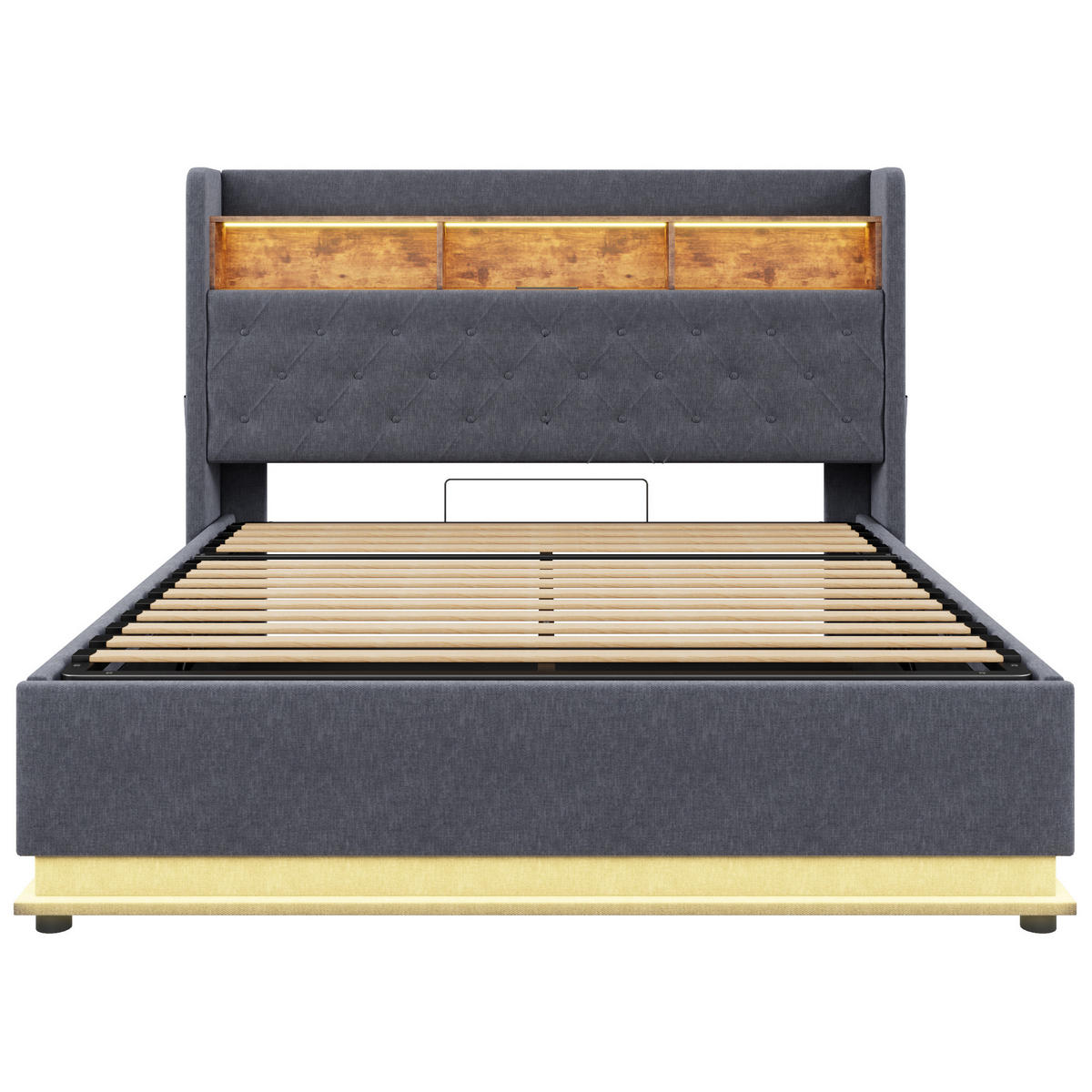 POLSTERBETT LED 160/200 cm grau mit USB-Ladeanschluss und hydraulischem Stauraum - Grau, Textil (160/200cm) - OKWISH