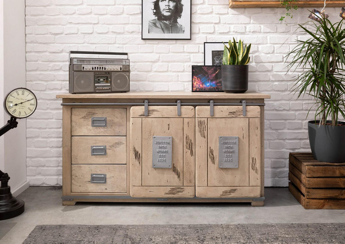 SIDEBOARD Mango 150x45x80 whitewash lackiert RAILWAY #300 - Beige, Holz (150/80/45cm) - Massivmoebel24