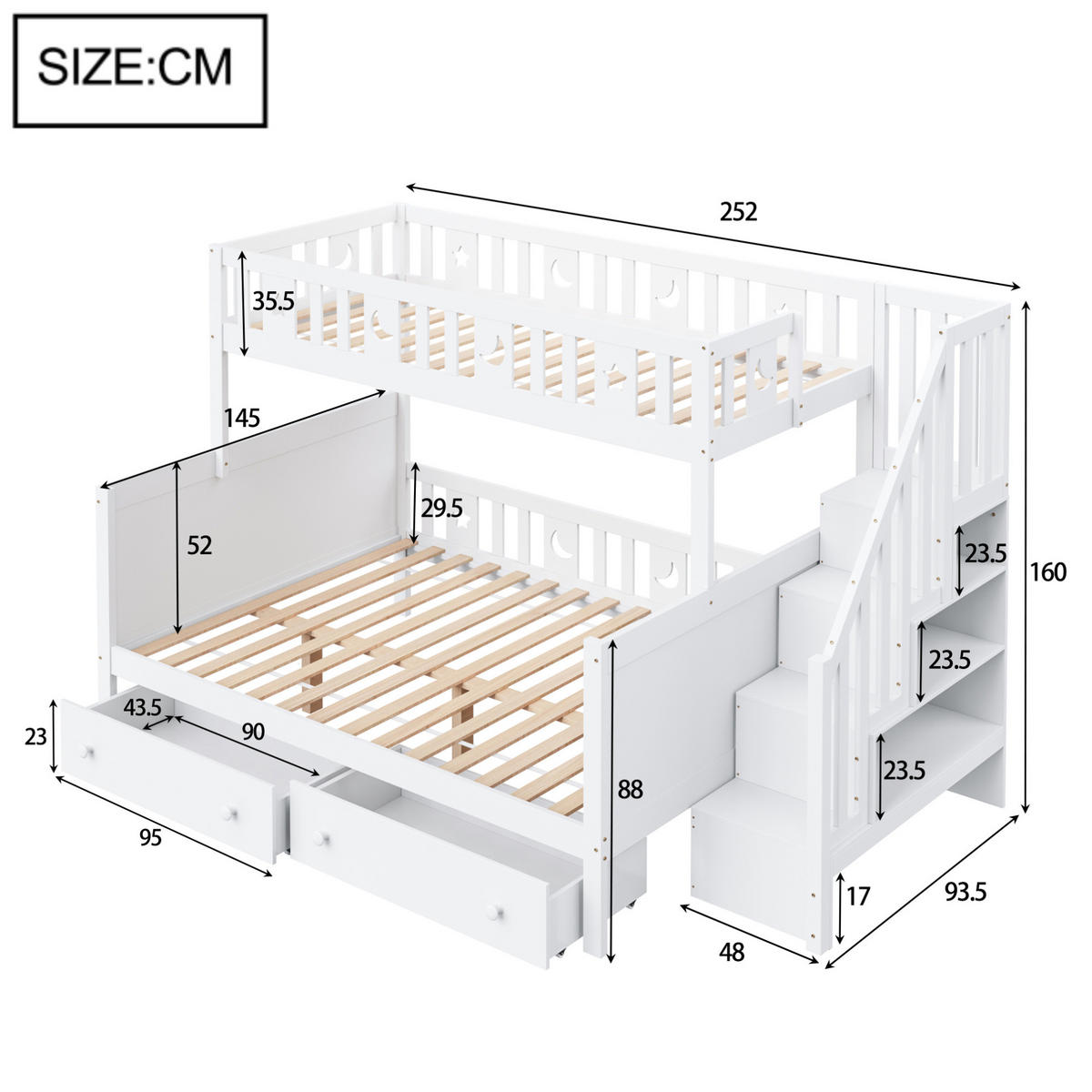 POSCHODOVÁ posteľ 90/200 a 140/200 cm biela s úložnými schodmi a zásuvkami z masívneho dreva - biela, drevo (90/200cm) - OKWISH