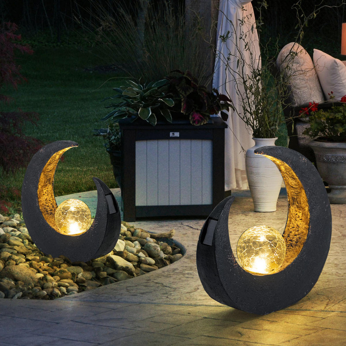LED AUSSENLEUCHTE Mond Crackle-Glas Schwarz 2er Set - Schwarz, Glas (29.4/9/30.5cm)