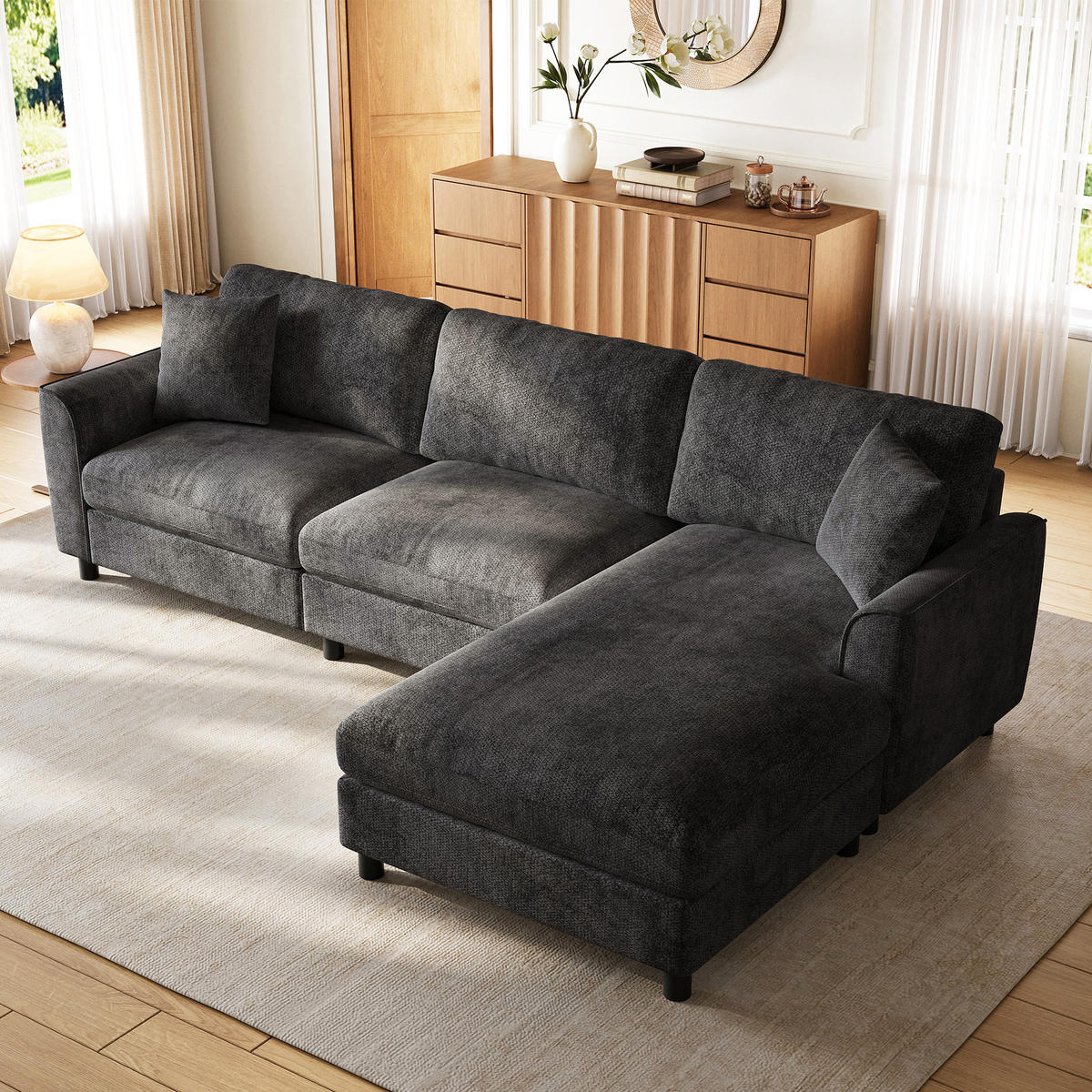 ECKSOFA 256/137/79 cm Grau mit umstellbarer Liegeelement - Grau, Kunststoff/Textil (256/137cm) - Oxeza