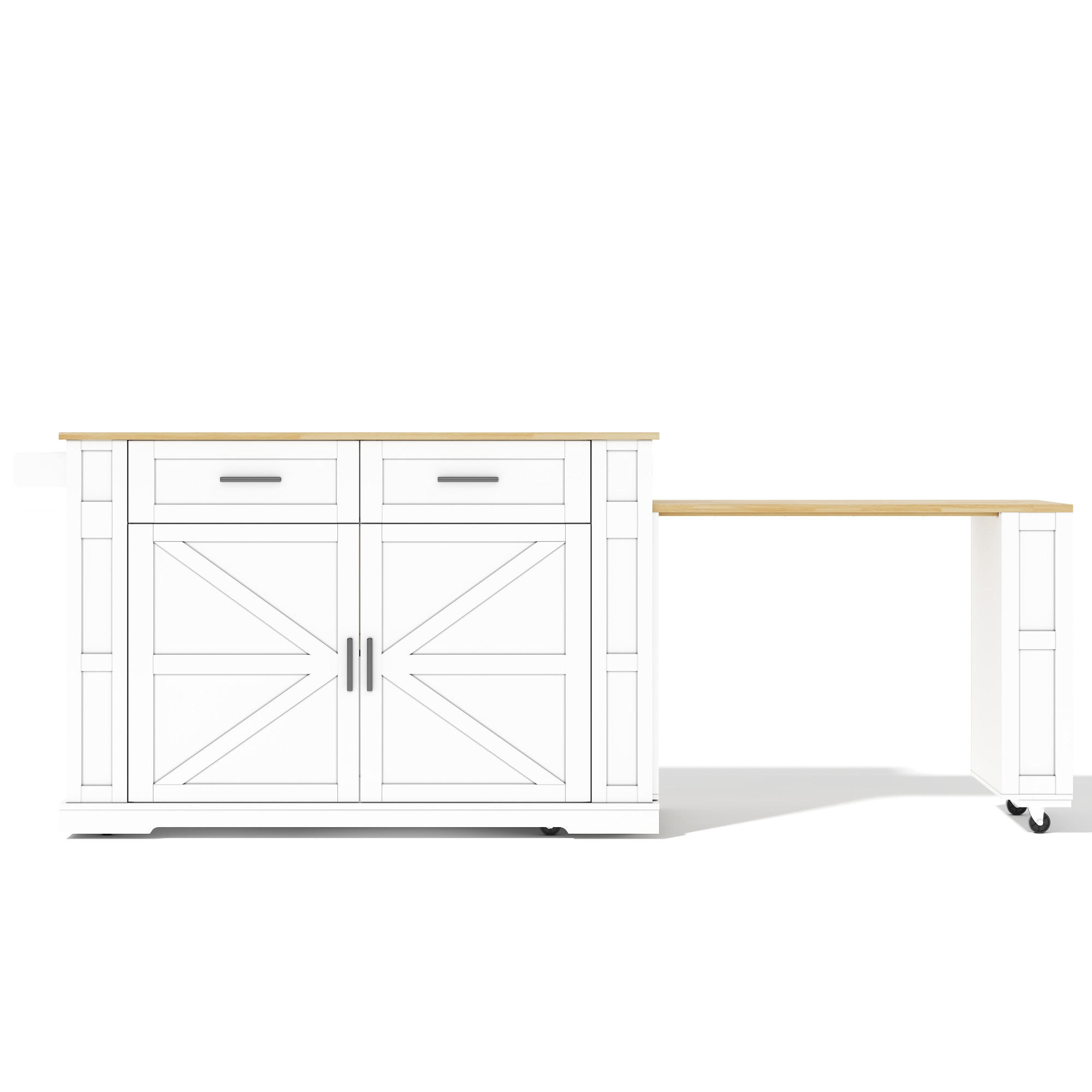 KÜCHENINSEL 130/50/93 cm Weiß mit 2 Schubladen, ausziehbarer Arbeitsplatte und 7 Rollen - Weiß, Holz (50/93/130cm) - Oxeza