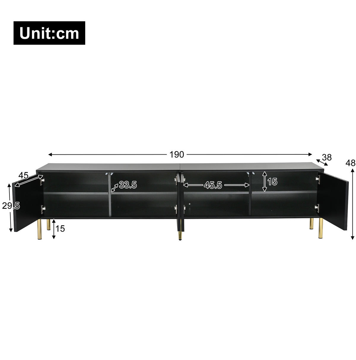 TV-SCHRANK in Schwarz mit goldfarbenen Füßen 190/38/48 cm - Schwarz, Holzwerkstoff (190/48/38cm) - Redom