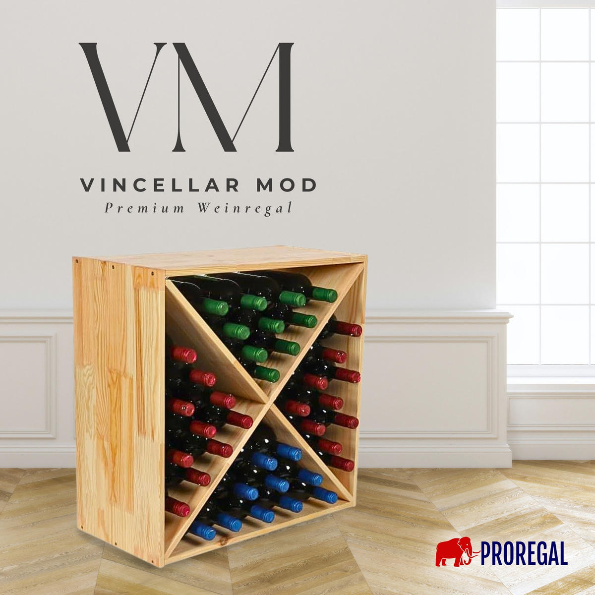 WEINREGAL Vincellar Mod 60x60x30 cm Kreuz Modul Für 40 Flaschen Massives Kiefernholz Natur - Naturfarben, Holz (60/60/30cm) - PROREGAL
