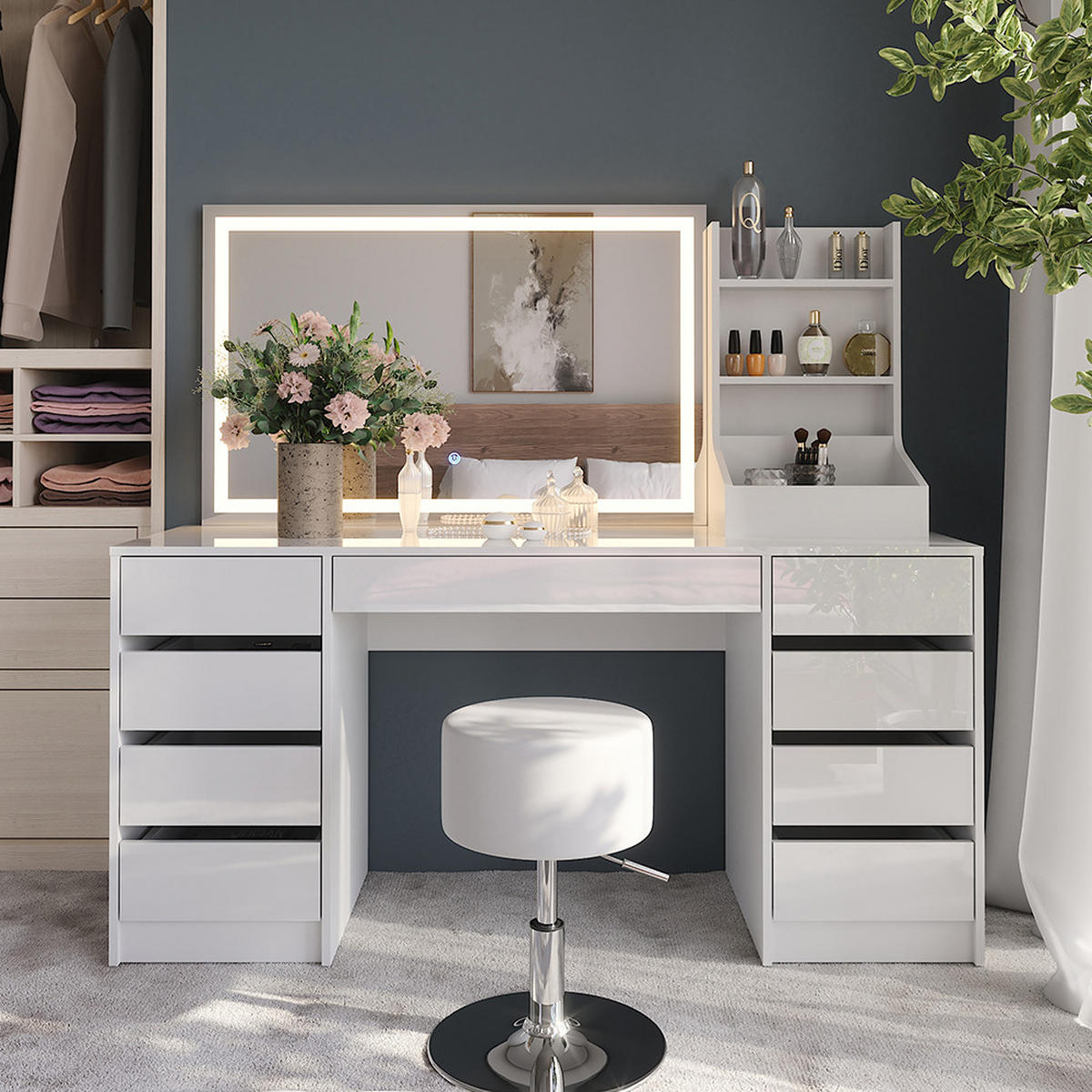 SCHMINKTISCH Sherry Weiß/Weiß Hochglanz 158.2 cm 4 Teile - Weiß Hochglanz, Holzwerkstoff (158.2/76/50.1cm) - Vicco