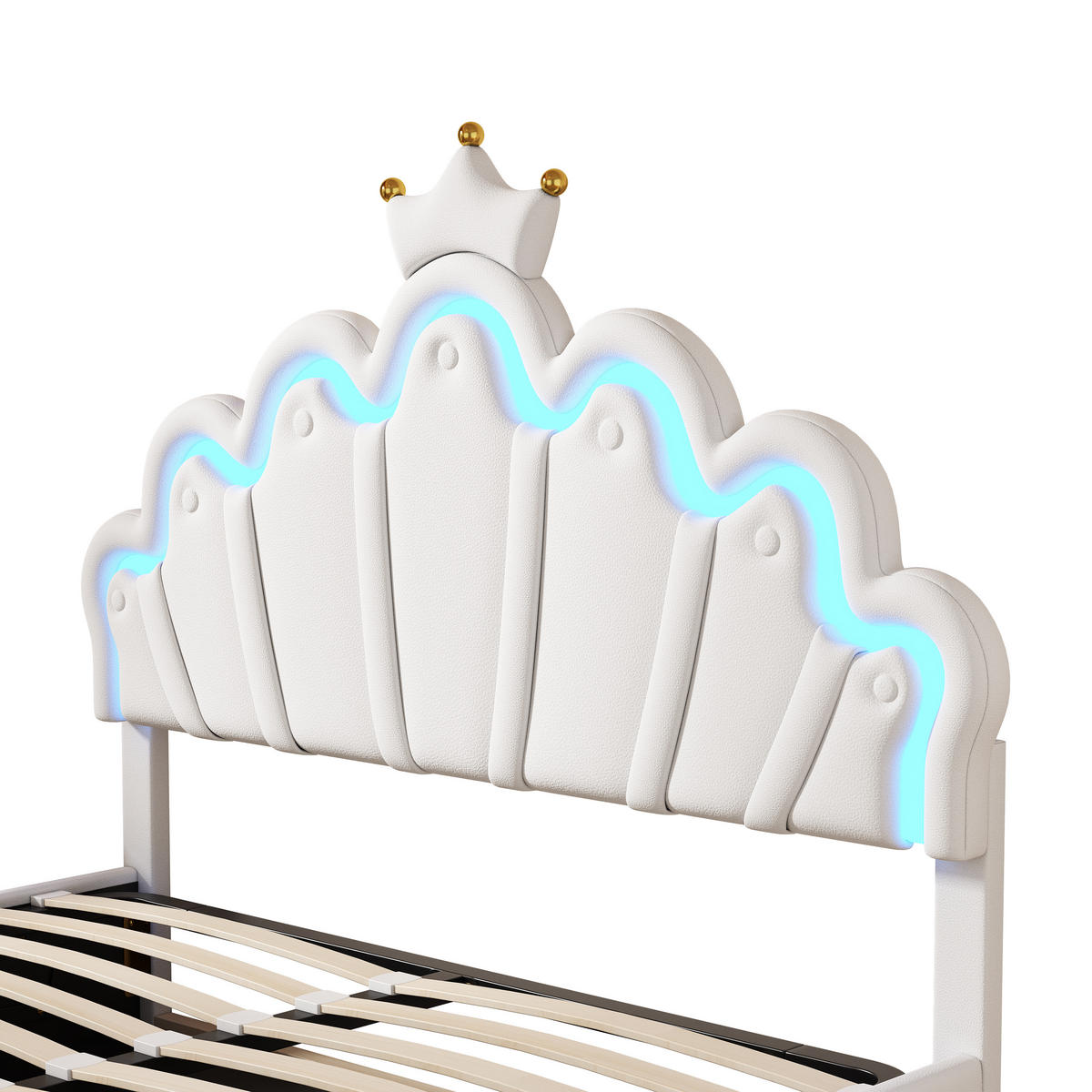 FLACHBETT 140x200cm Weiß Polsterbett Prinzessinnenbett LED Kronenleiste - Weiß, Holz (140/200cm) - FLIEKS