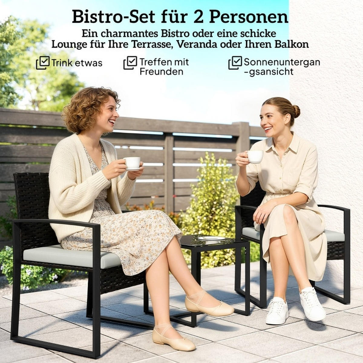 BALKONOVÝ set 55/58/76 a 40/40/40 cm krémově šedý z oceli s polstry a skleněným stolkem - hnědá, kov - OKWISH