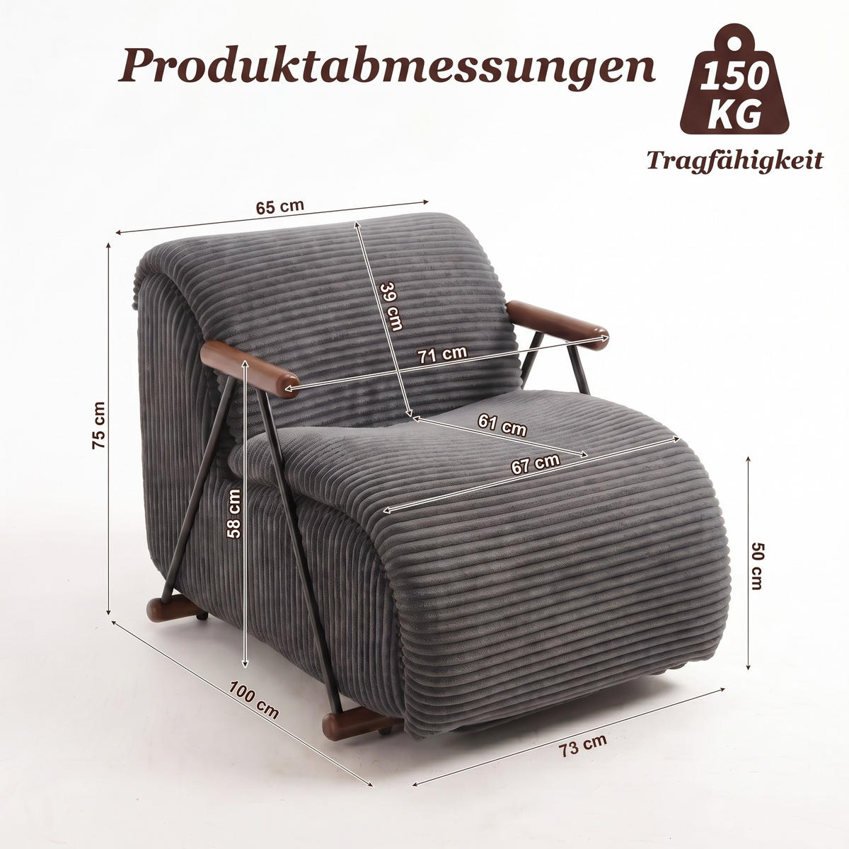 XXL-SESSEL mit Armlehnen, Cord Loungesessel, Ergonomisch, Grau - Grau, Textil/Metall (73/75/100cm) - LVHOM