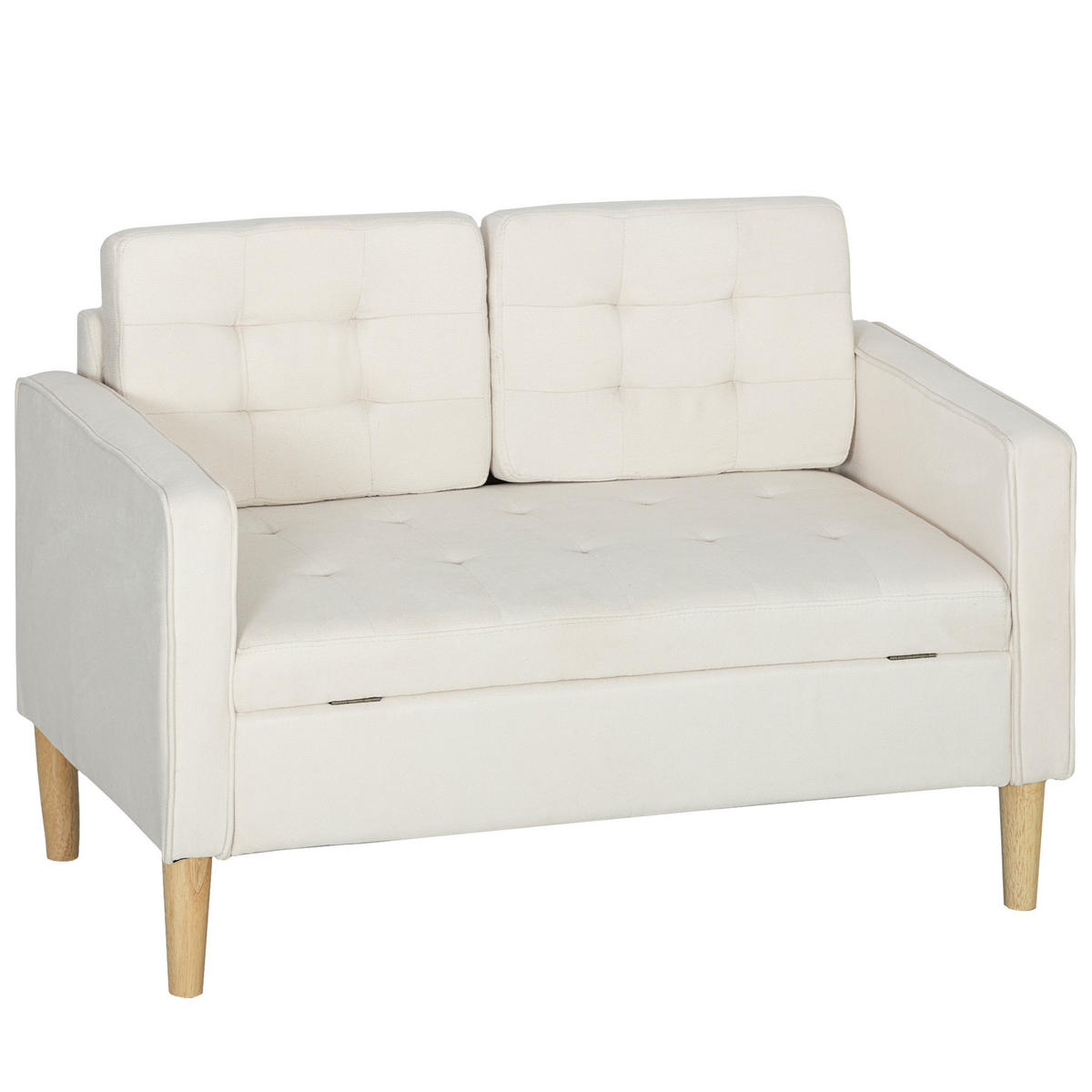 ZWEISITZER-SOFA DE-06502 Knopfheftung, Kautschukholz Cremeweiß - Creme, Holz/Textil (117/78/62cm) - ComfortXL