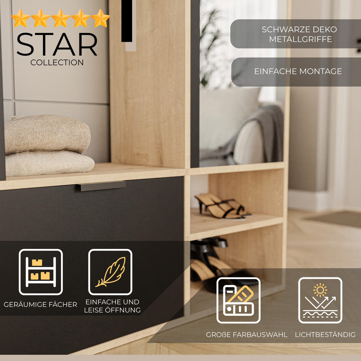 GARDEROBENSCHRANK mit Spiegel-mit Ablagen und Kleiderstange - Schwarz/Braun, Holzwerkstoff (100/190/33cm) - Idohome
