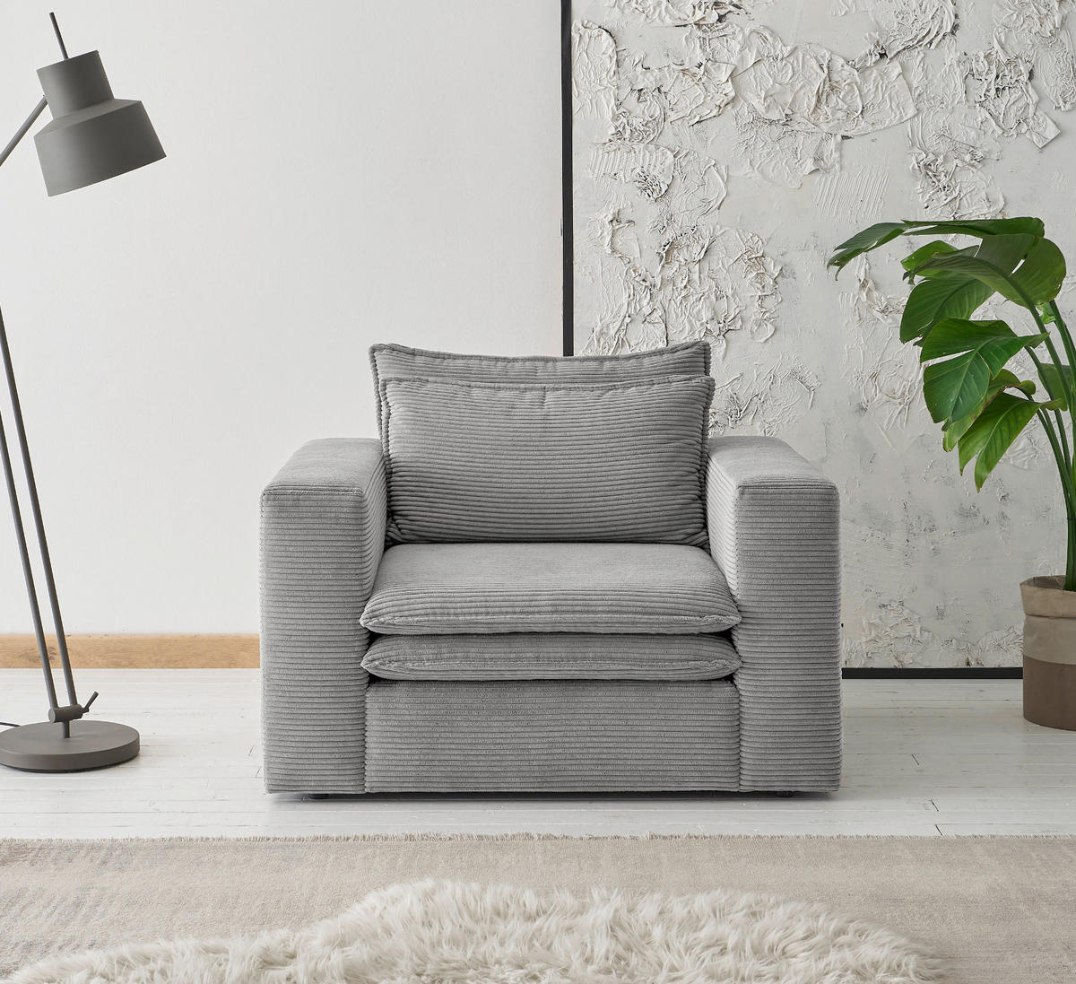 SESSEL hellgrau Cord, Loungesessel 110 cm - Beige/Hellgrau, Holz/Kunststoff (110/83/91cm) - Furn.Design
