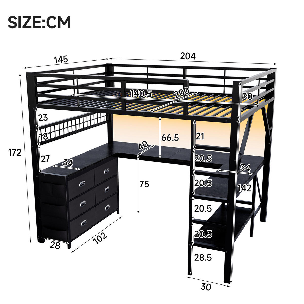 HOCHBETT Metall & MDF 140x200 cm Schwarz mit Schreibtisch, LED und Stauraum - Schwarz, Holzwerkstoff (140/200cm) - Modfu