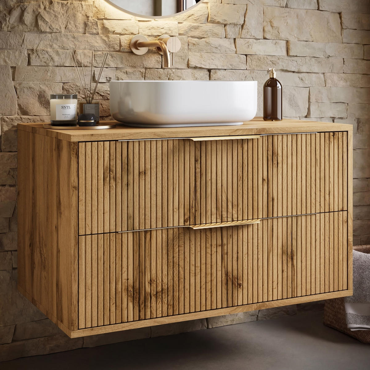 SKRINKA POD UMÝVADLO Rimini 2 zásuvky dub - 80 x 46 x 46 cm - farba duba, drevo (80/46/46cm) - Badplaats