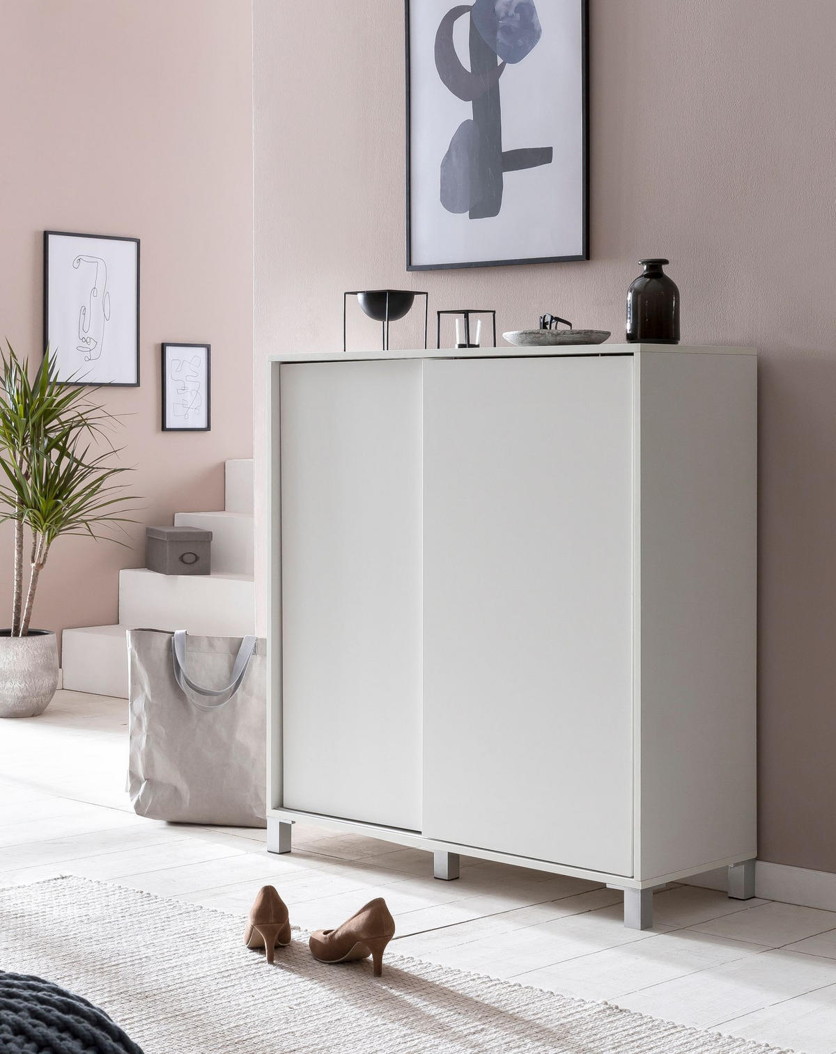 SCHUHSCHRANK Holz für 20 Paar Schuhe mit Schiebetüren, Weiß 100x38x108 cm - Silberfarben/Weiß, Holz/Kunststoff (100/108/38cm) - KADIMA DESIGN