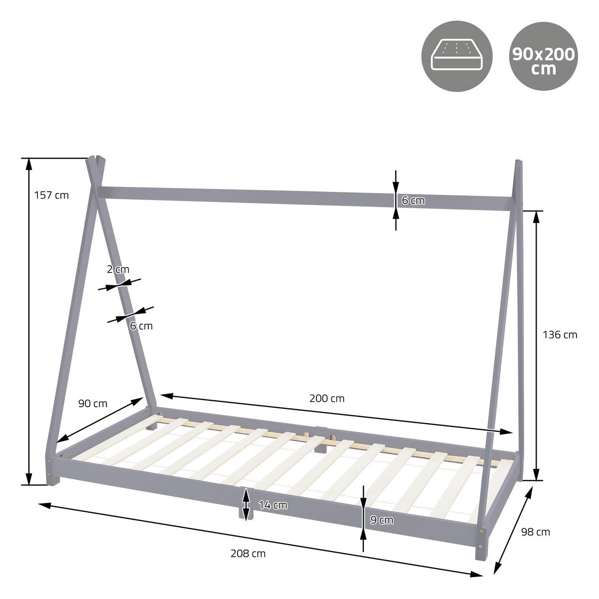 KINDERBETT Tipi 90x200 cm Hellgrau - Hellgrau, Holz (90/200cm) - ML-DESIGN