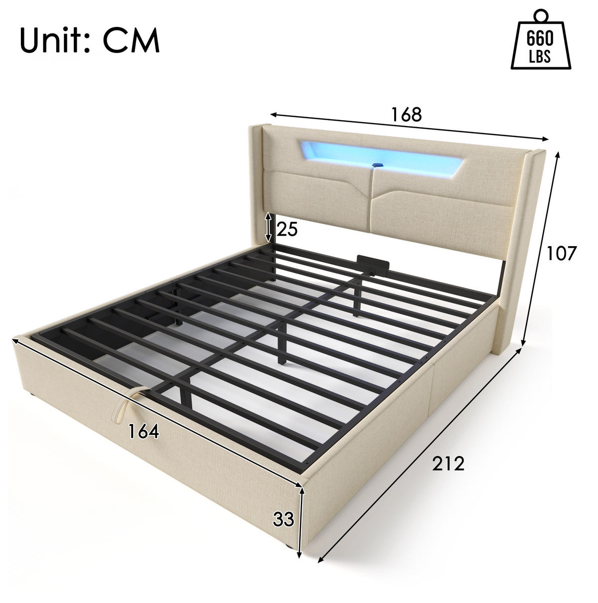 POLSTERBETT mit LED-Beleuchtung 160/200 cm mit Bettkasten, USB und gepolstertem Kopfteil - Beige, Textil (160/200cm) - BEAOK