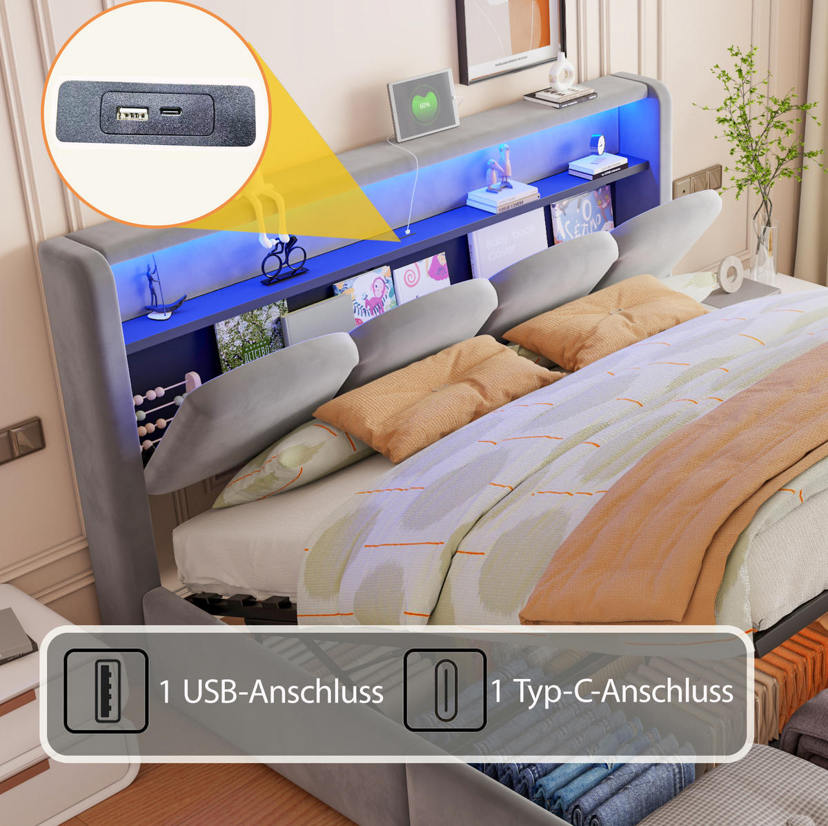 ČALOUNĚNÁ postel 140/200 cm s LED osvětlením, USB a USB-C, hydraulickým úložným prostorem a sametovým potahem, Šedá - šedá, textil (140/200cm) - Redom