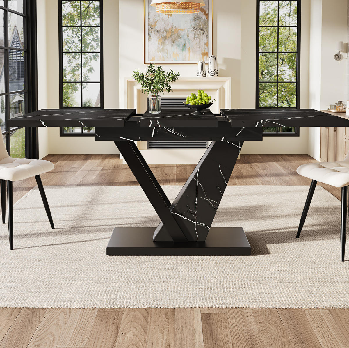 ESSTISCH ausziehbar, MDF mit Marmormuster & Metallgestell, 120-160/75/75,5 cm, Schwarz - Schwarz, Holzwerkstoff (120/75/75.5cm) - Redom