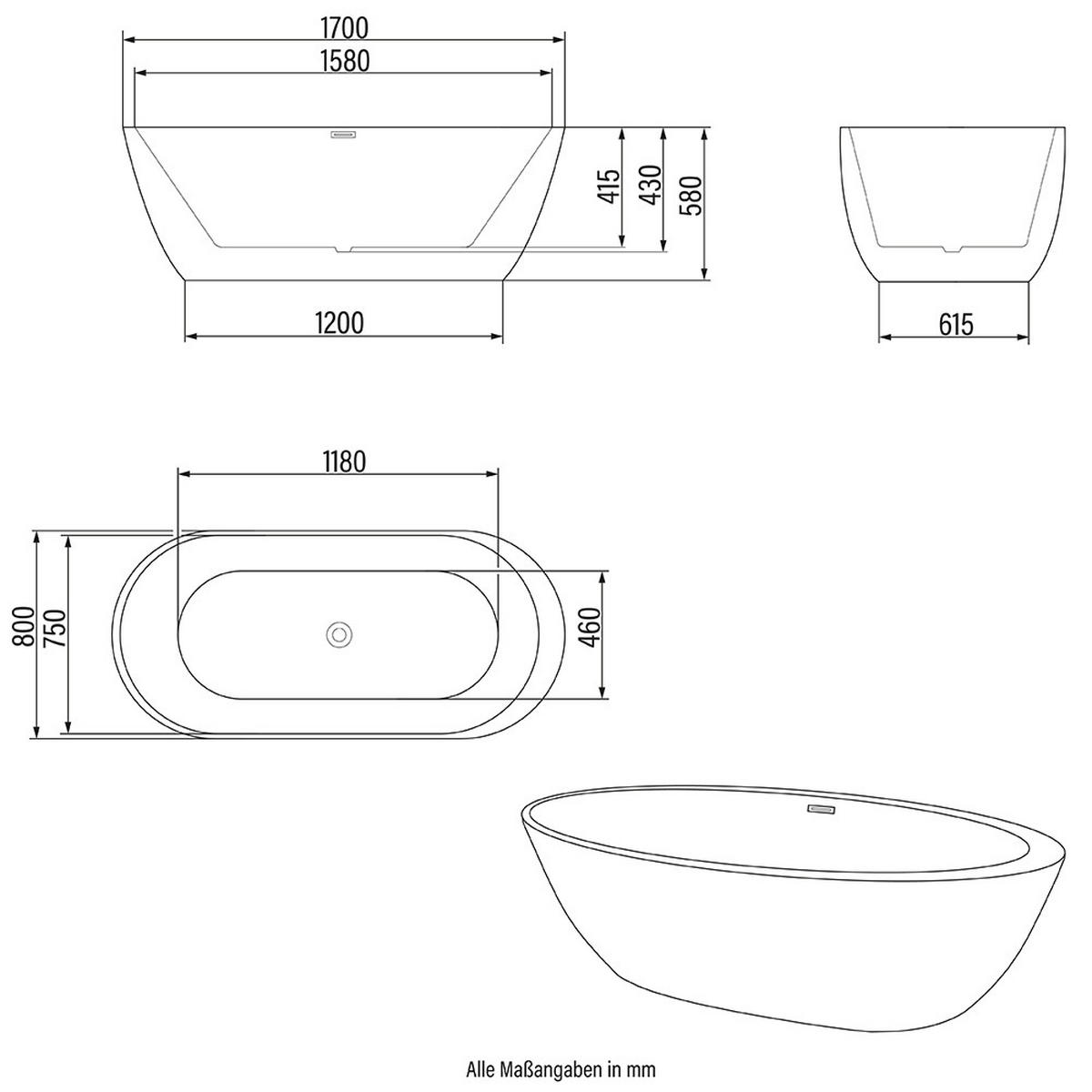 FREISTEHENDE BADEWANNE CODO - Weiß - Weiß, Keramik (170/58/80cm) - Home Deluxe