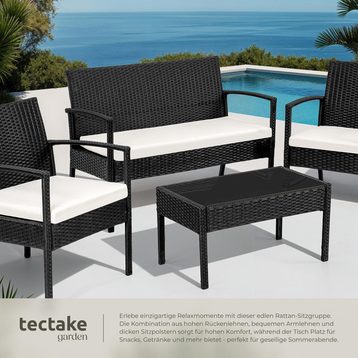 RATTAN SITZGRUPPE Sparta,schlanke Gestelle,schwarz - Schwarz, Kunststoff - tectake