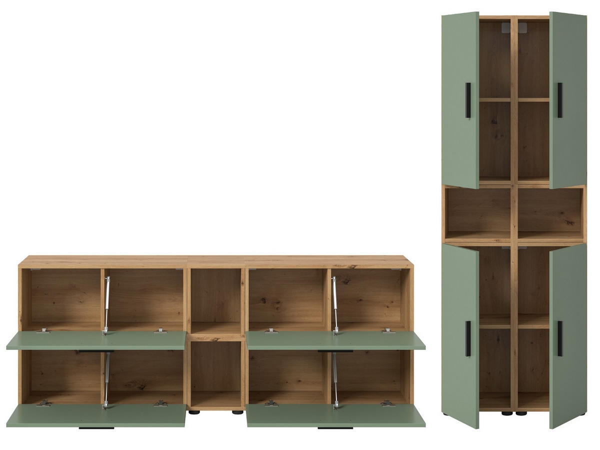 WOHNWAND grün, Eiche Artisan 256 x 178 cm, Schrankwand mit Soft-Close - Schwarz/Eiche Artisan, Holzwerkstoff/Kunststoff (256/151/34cm) - Inn.Furn