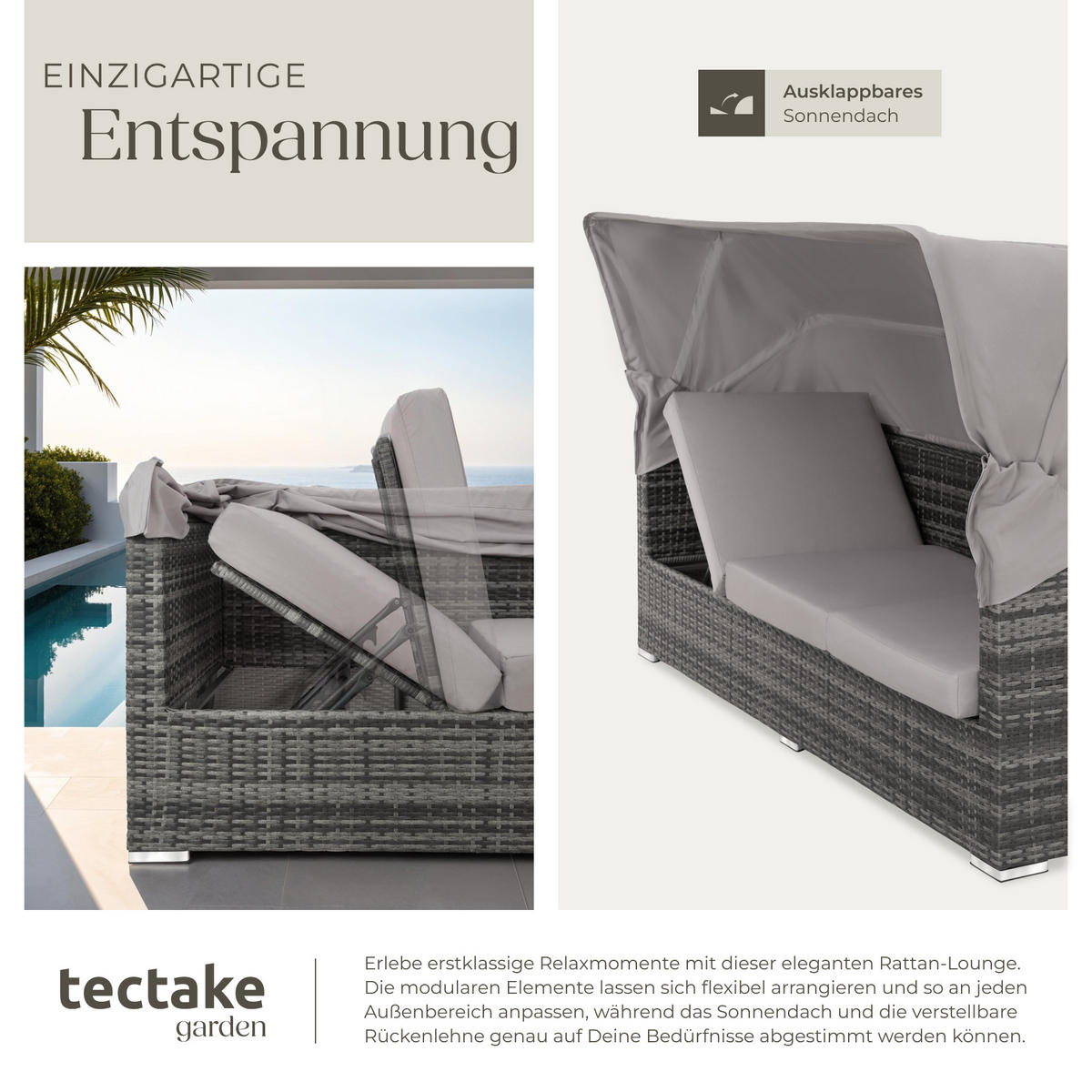 RATTANLOUNGE San Marino,mit Sicherheitsglasplatte, variabel aufstellbar,grau - Grau, Kunststoff (68/131cm) - tectake