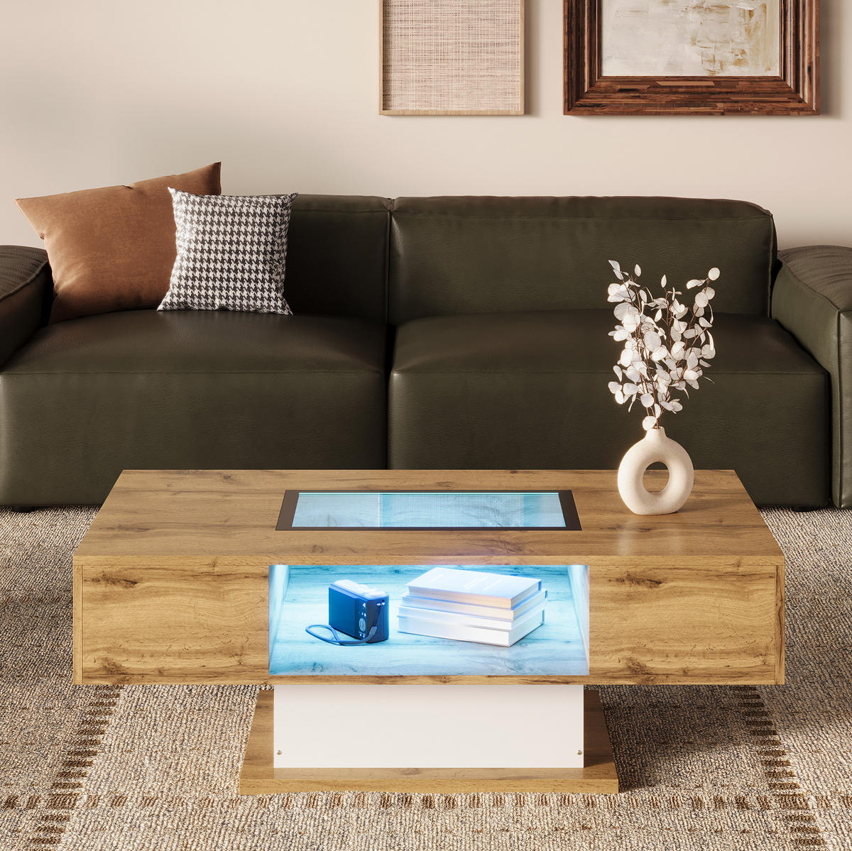 COUCHTISCH 110,2/60/39,7 cm aus Spanplatte mit LED-Beleuchtung, Glasplatte und 2 Schubladen, Natur/Weiß/Schwarz - Naturfarben, Holzwerkstoff (110.2/60/39.7cm) - Redom
