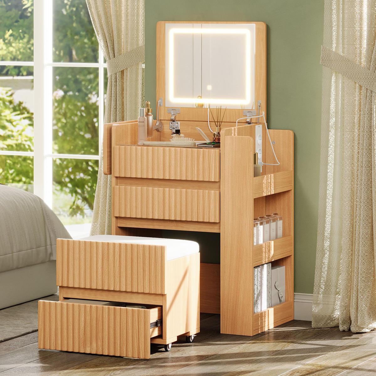SCHMINKTISCH LED Spiegel USB Hocker 3 Schubladen Modern - Naturfarben, Holzwerkstoff (79/120/40cm) - FLIEKS