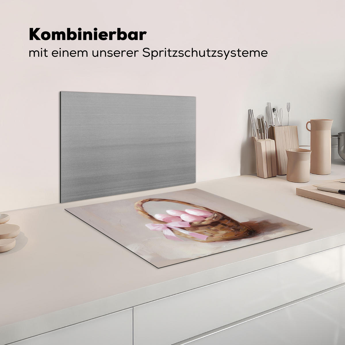 HERDABDECKPLATTE Korb - Eier - Rosa Abdeckung Ceranfeld 58.3x51.3 cm - Beige, Kunststoff (58.3/51.3/0.2cm) - MuchoWow