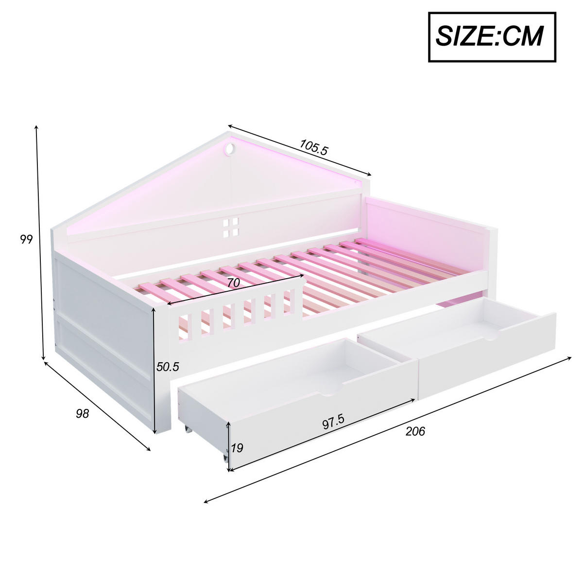 KINDEREINZELBETTEN aus Holz und MDF 90x200 cm in Weiß mit LED & 2 Schubladen - Weiß, Holz (90/200cm) - Modfu