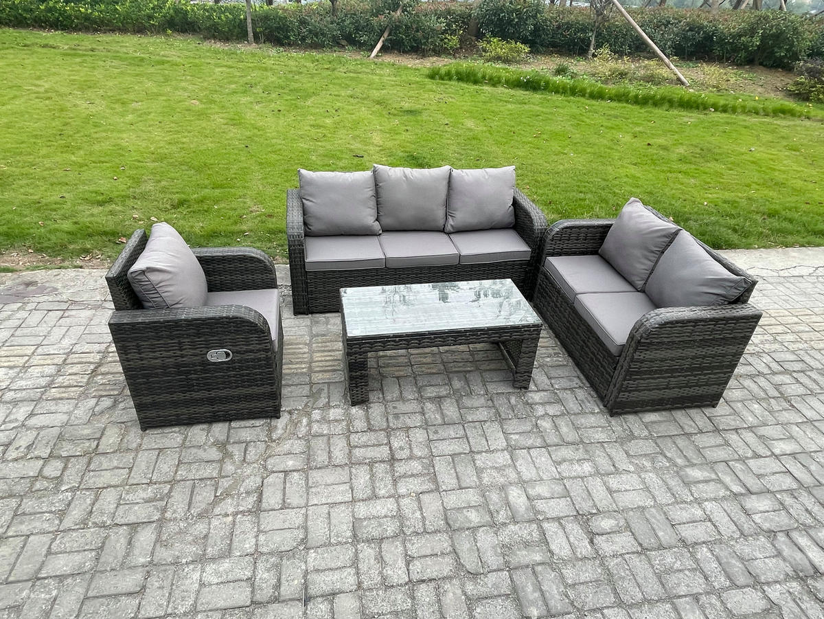 GARTENSOFA SET mit rechteckigem COUCHTISCH Polyrattan 6-Sitzer Dunkelgrau - Dunkelgrau/Grau, Glas/Kunststoff - Fimous