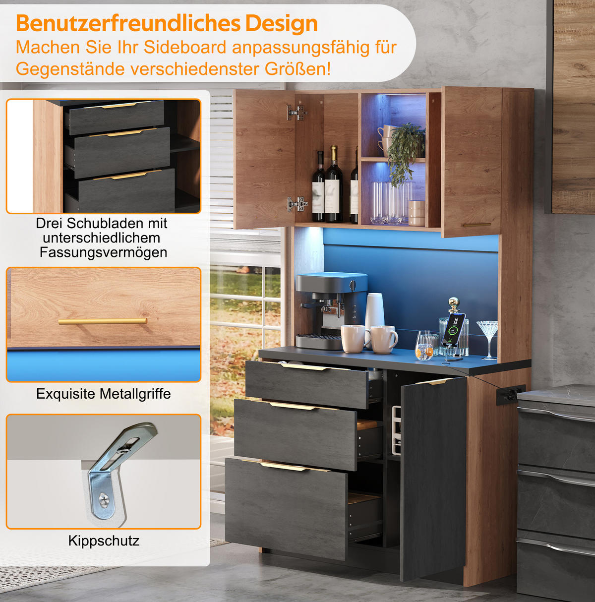 BUFFET 100/40/180 cm aus MDF mit LED-Beleuchtung Grau - Naturfarben, Holzwerkstoff (100/180/40cm) - Modenvie