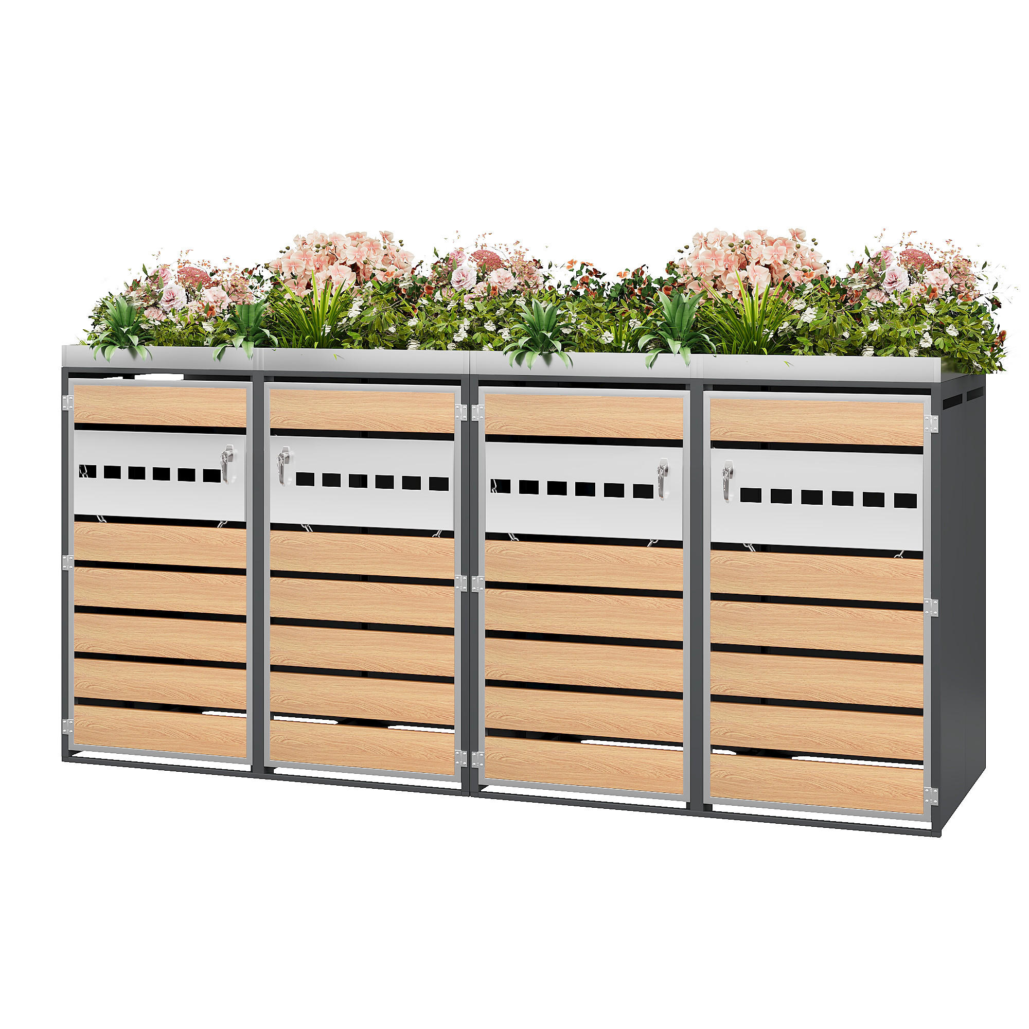 MÜLLTONNENBOX 4 Türen abschließbar Pflanzdach Belüftung - Multicolor, Metall (160/236/264cm) - FLIEKS