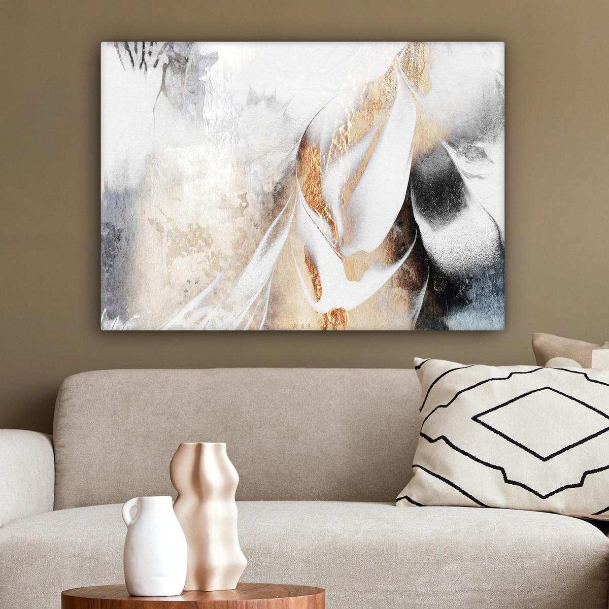 LEINWANDBILD Luxus - Abstrakt - Gold - Weiß Wandbilder 80x60 cm - Goldfarben, Textil (80/60cm) - MuchoWow