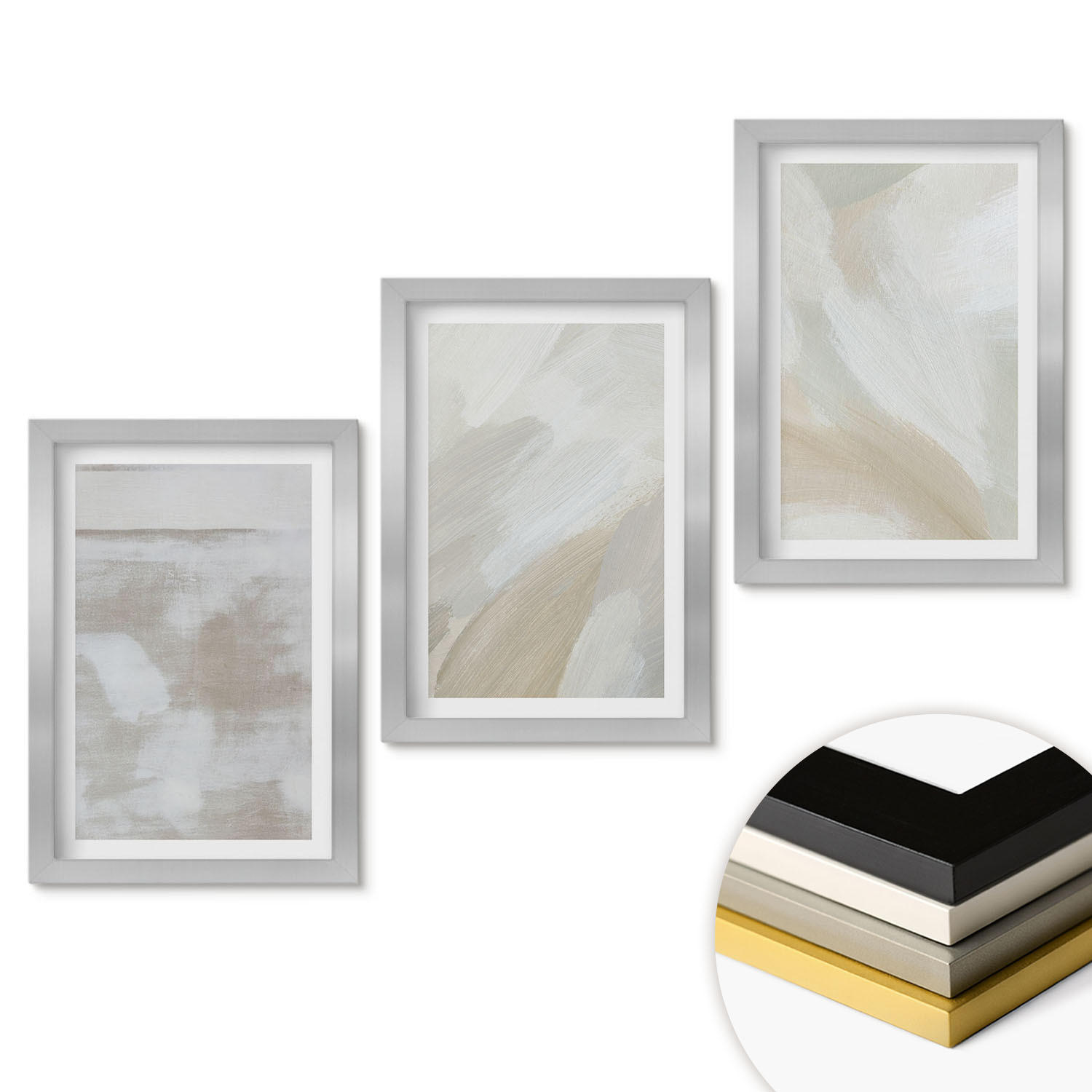 WANDBILDER 3er Set - 20x30 cm Silberner Rahmen - Abstrakte Pinselstriche - Silberfarben, Kunststoff (20/30cm) - ArtPrintCave