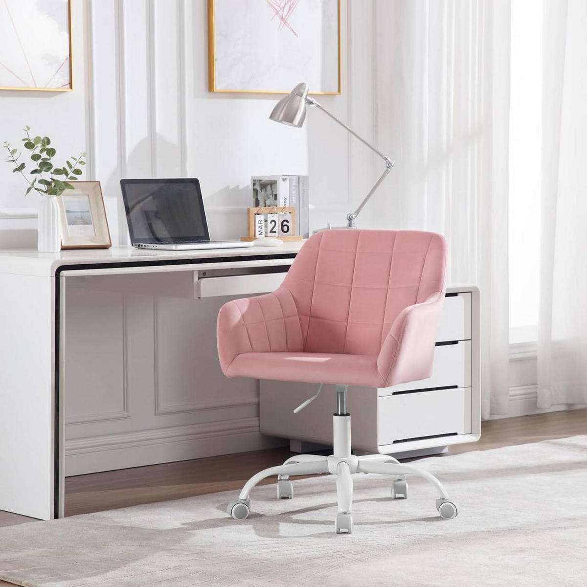 DREHSTUHL drehbar, Bürostuhl ergonomisch, Samt, Rosa - Weiß/Rosa, Kunststoff/Textil (58/77/61cm) - Woltu