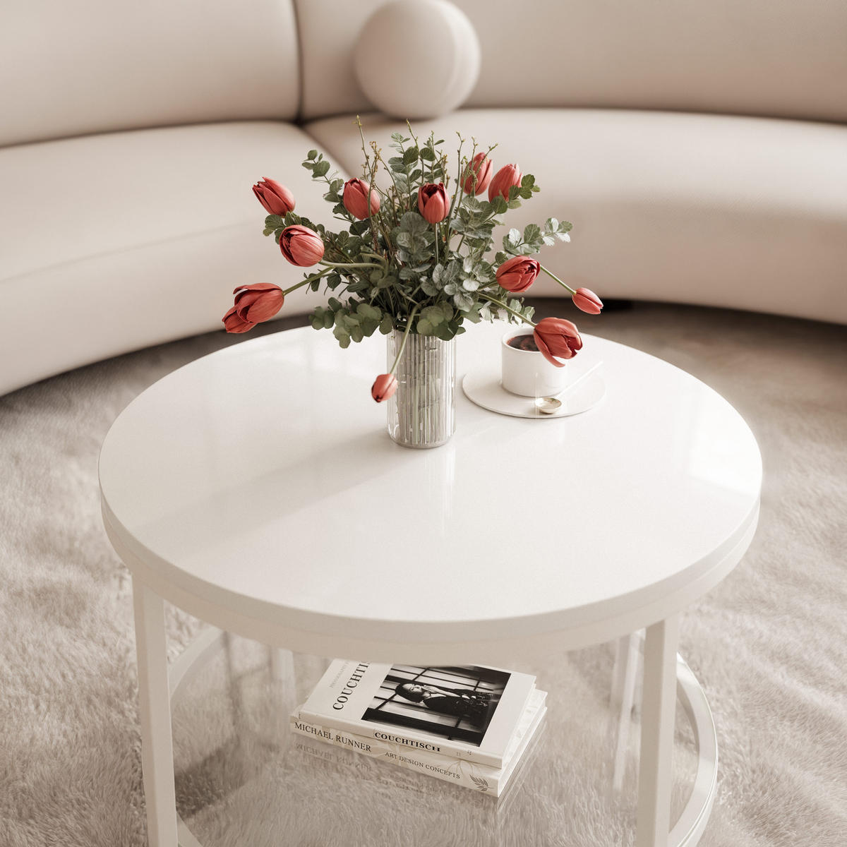 COUCHTISCH CANDY 60/42 cm runden, Weiß / Weiß Hochglanz - Weiß Hochglanz/Weiß, Metall (60/60/42cm) - Idohome