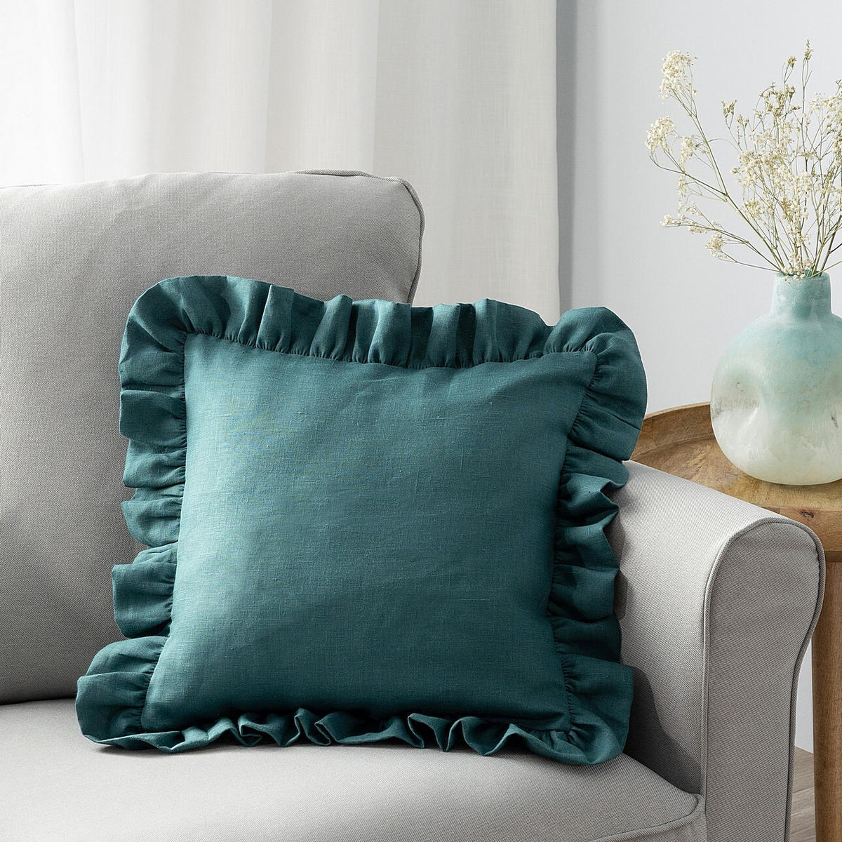 KISSENHÜLLE Charlotte 45x45 cm mit Rüsche - Smaragdgrün, Textil (45/1cm) - Dekoria