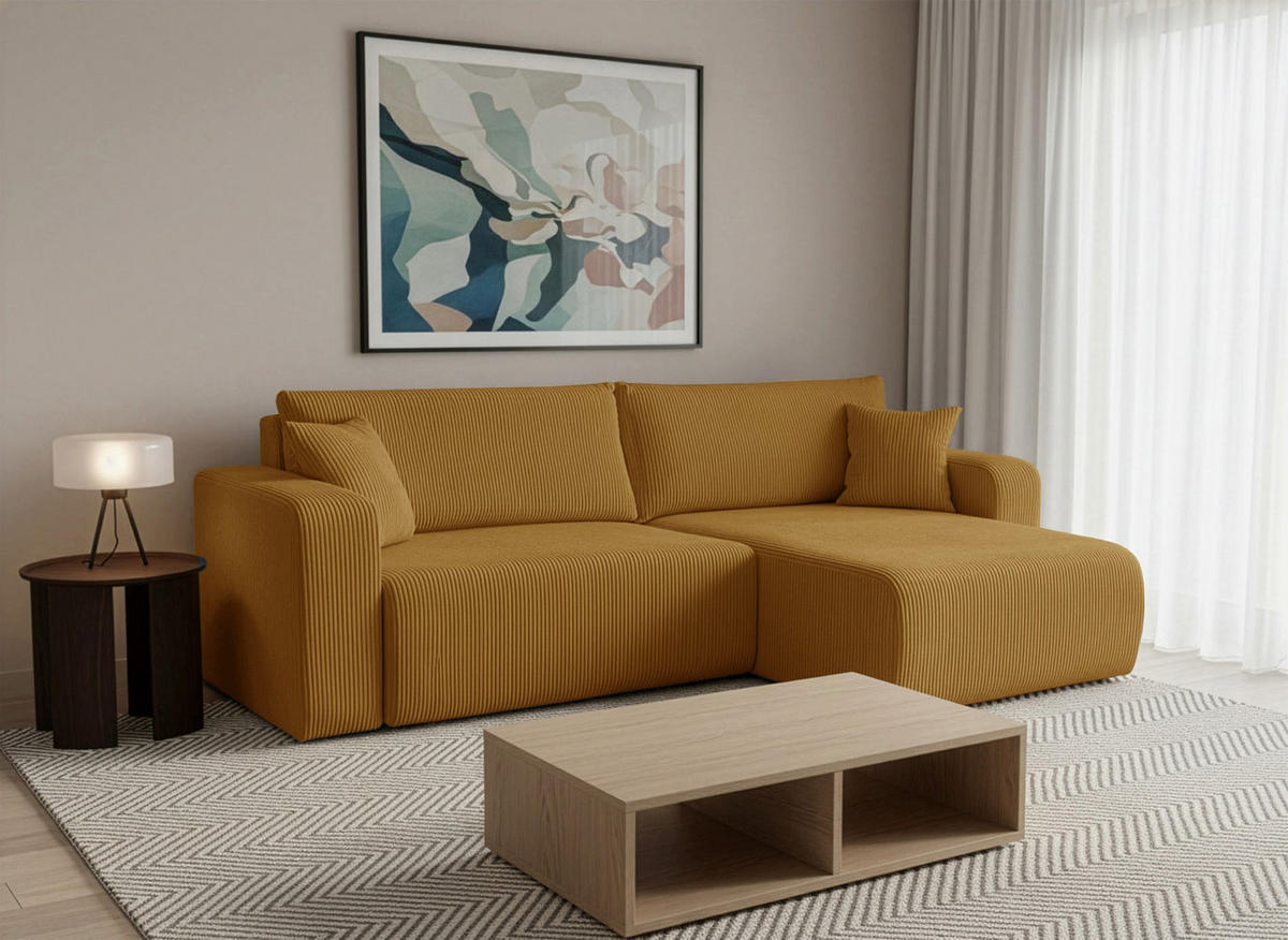 ECKSOFA NELLIO Cord Senf 145 cm L-Form beidseitig - Currygelb/Schwarz, Kunststoff/Textil (145/245cm) - Homebook