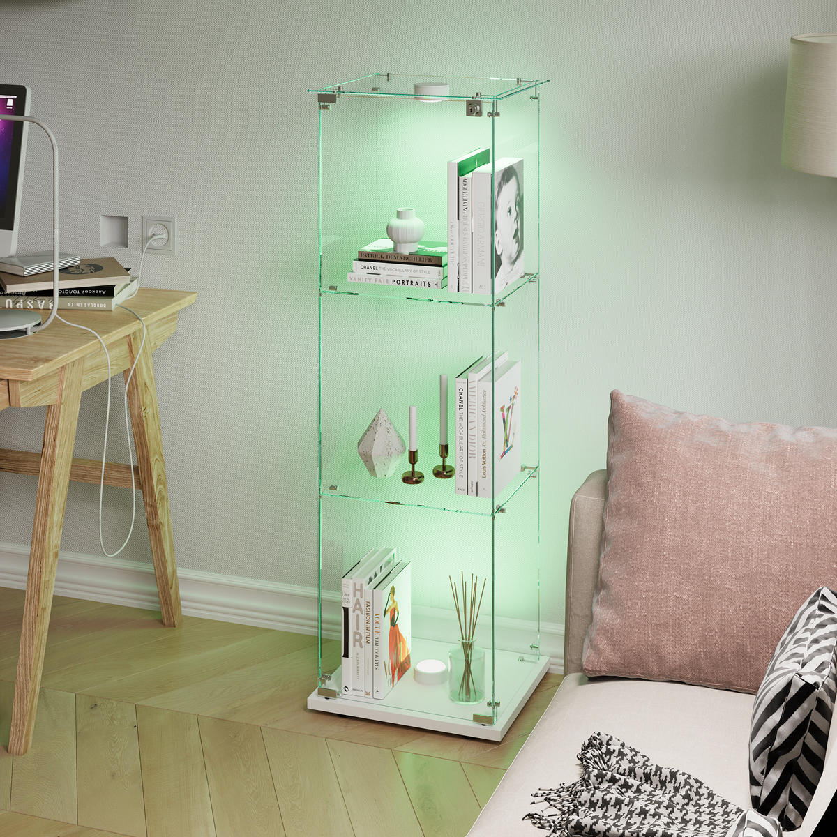 LED-VITRINE, 3-stufig, abschließbar, Weißrahmen - Weiß, Glas (39.8/123.3/35cm) - Joyfair