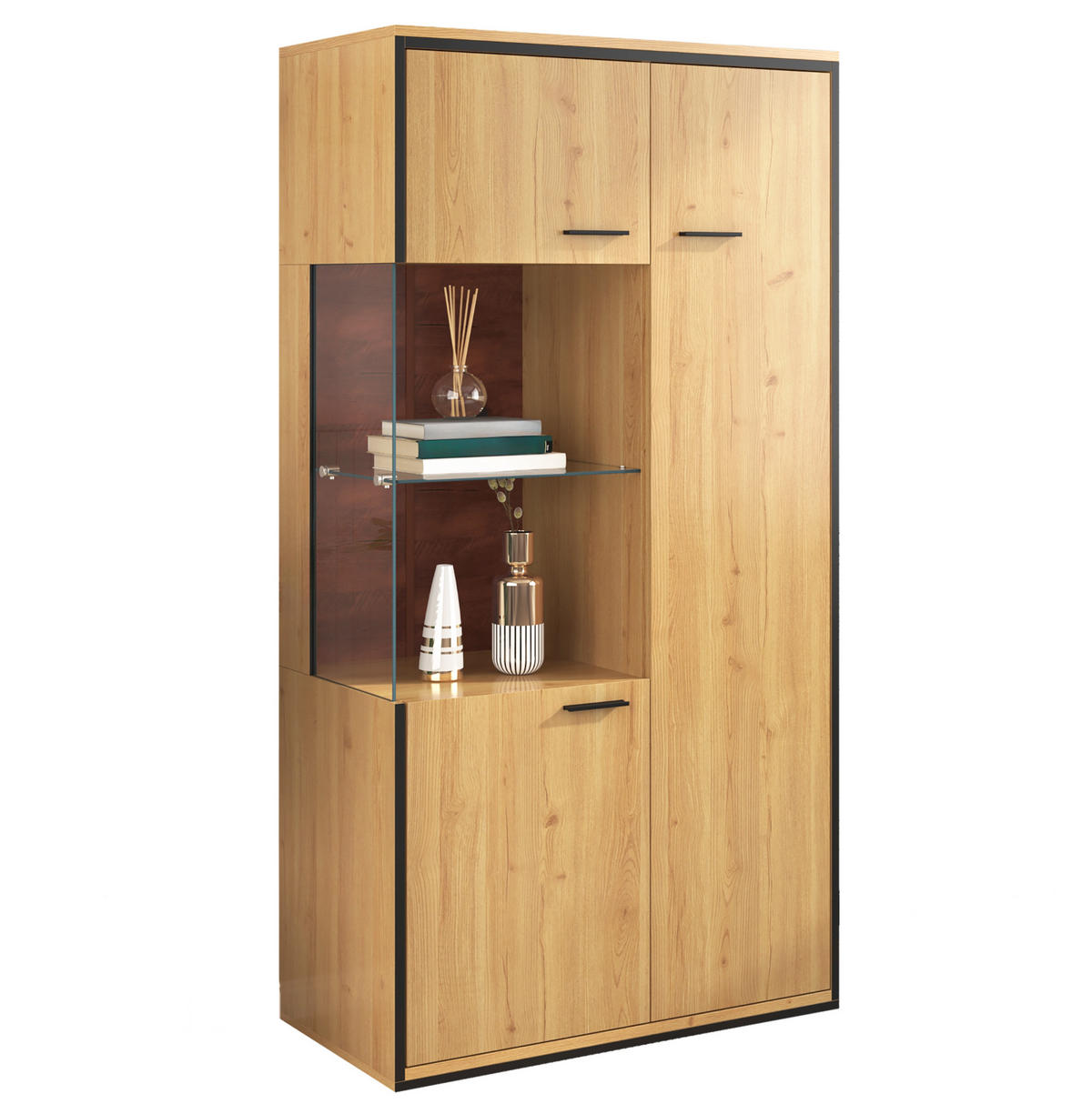 VITRINE 77,5/40/150 cm aus MDF mit LED-Beleuchtung und verstellbaren Glasregalen Natur - Naturfarben, Holzwerkstoff (77.5/150/40cm) - Modenvie