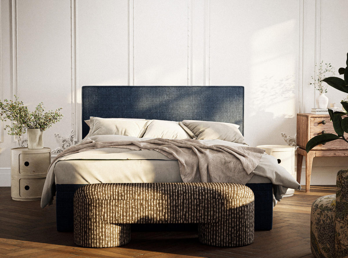 BOXBETT 180/200 cm Tegal, in Marineblau, Matratze, gepolstertes Kopfteil, Bettkasten, H3 = fest - Schwarz/Dunkelblau, Holz/Holzwerkstoff (180/200cm) - Maison de Reve