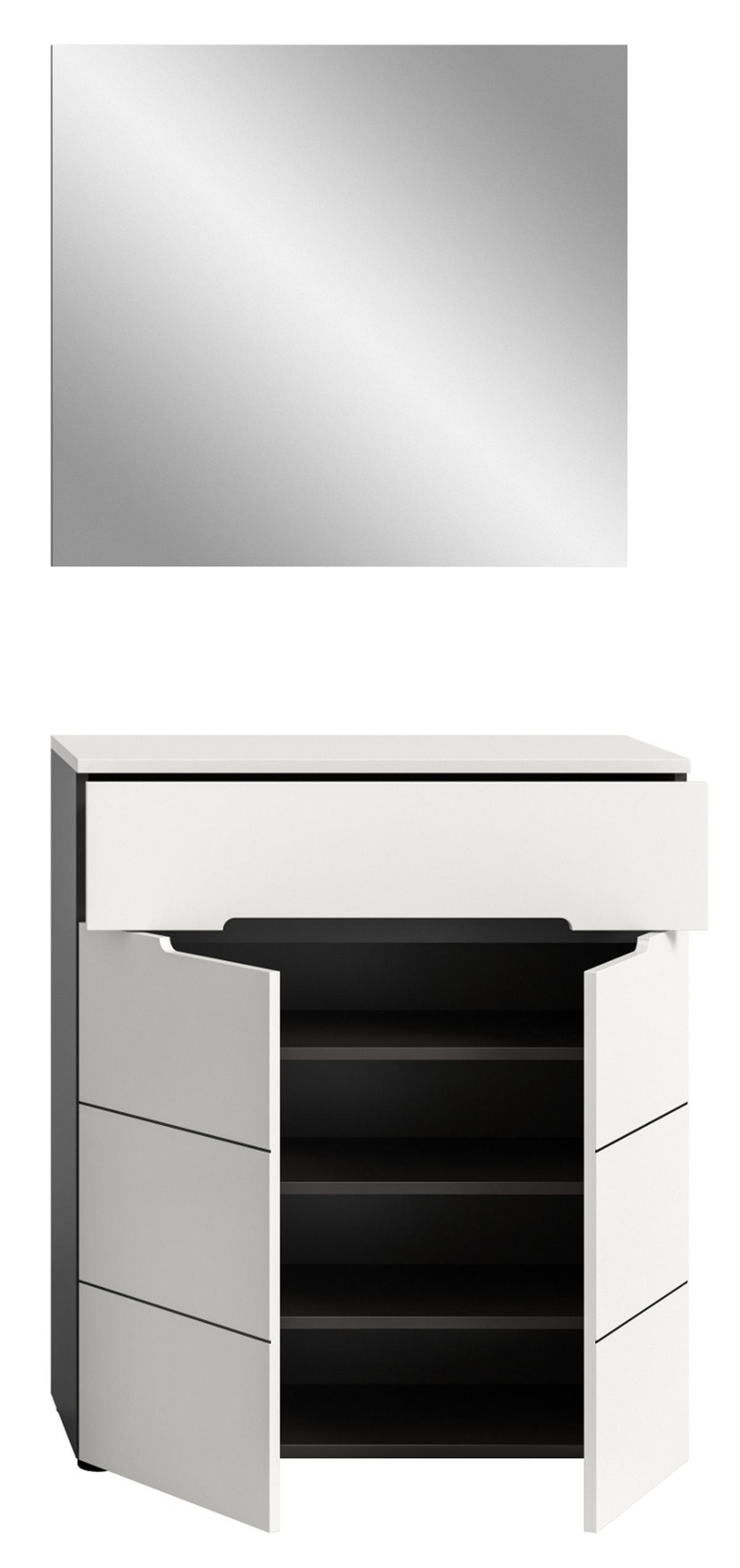 GARDEROBEN-SET 2-teilig weiß, grau, Schuhkommode und Spiegel mit Soft-Close, Cooper - Schwarz/Weiß, Glas/Holzwerkstoff (80/190/37cm) - Inn.Furn