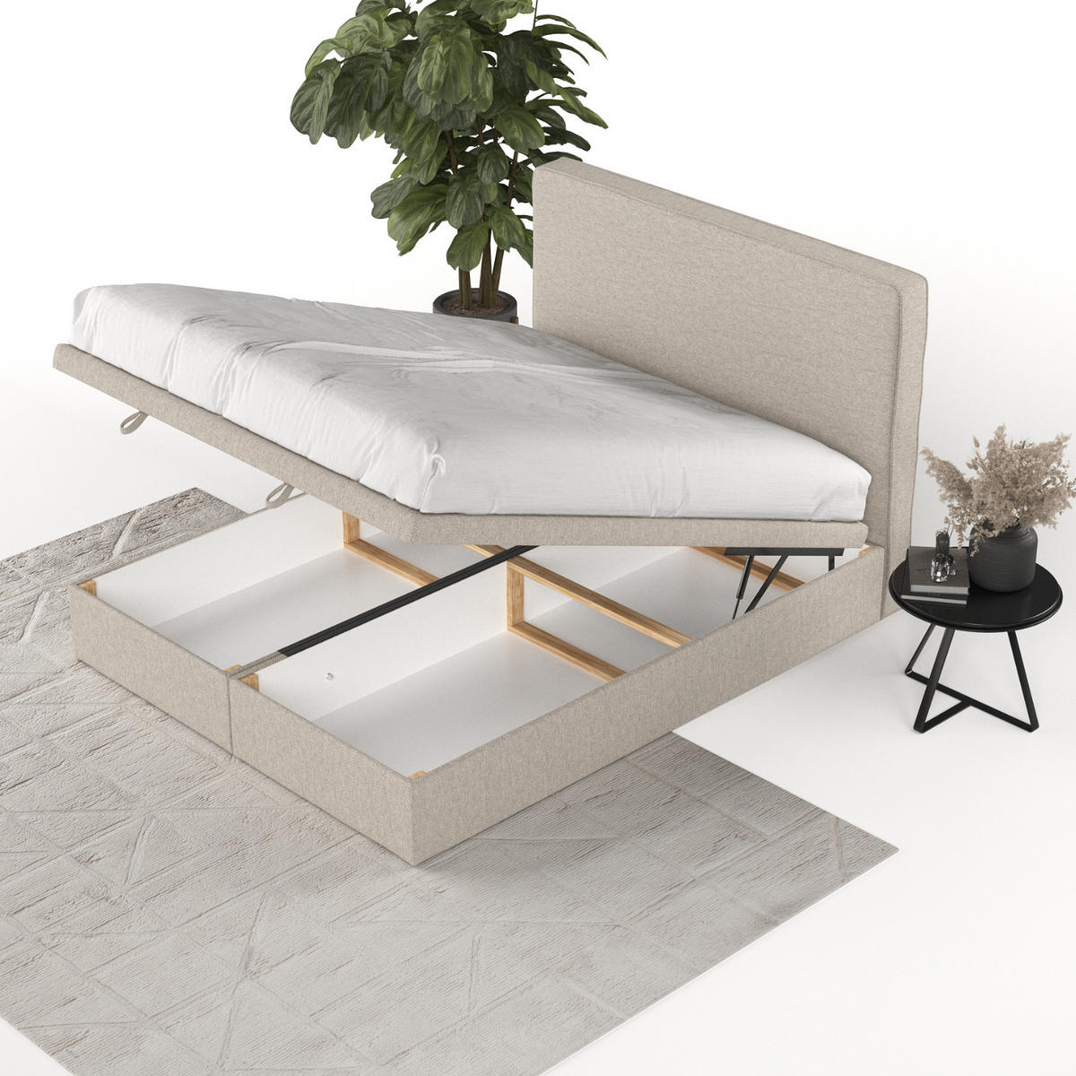 POLSTERBETT Hush mit Stauraum 140/200 cm Hellbeige im Megan Stoff - Sandfarben/Schwarz, Holz/Holzwerkstoff (140/200cm) - AltaBeds