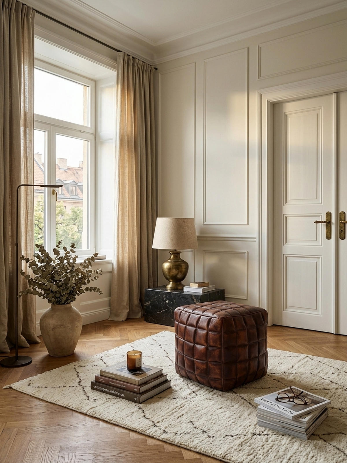 SITZHOCKER – Echtleder, 41x39x39 cm, abgesteppte Quadrate, Used-Look - Braun, Leder (39/41/39cm) - KADIMA DESIGN