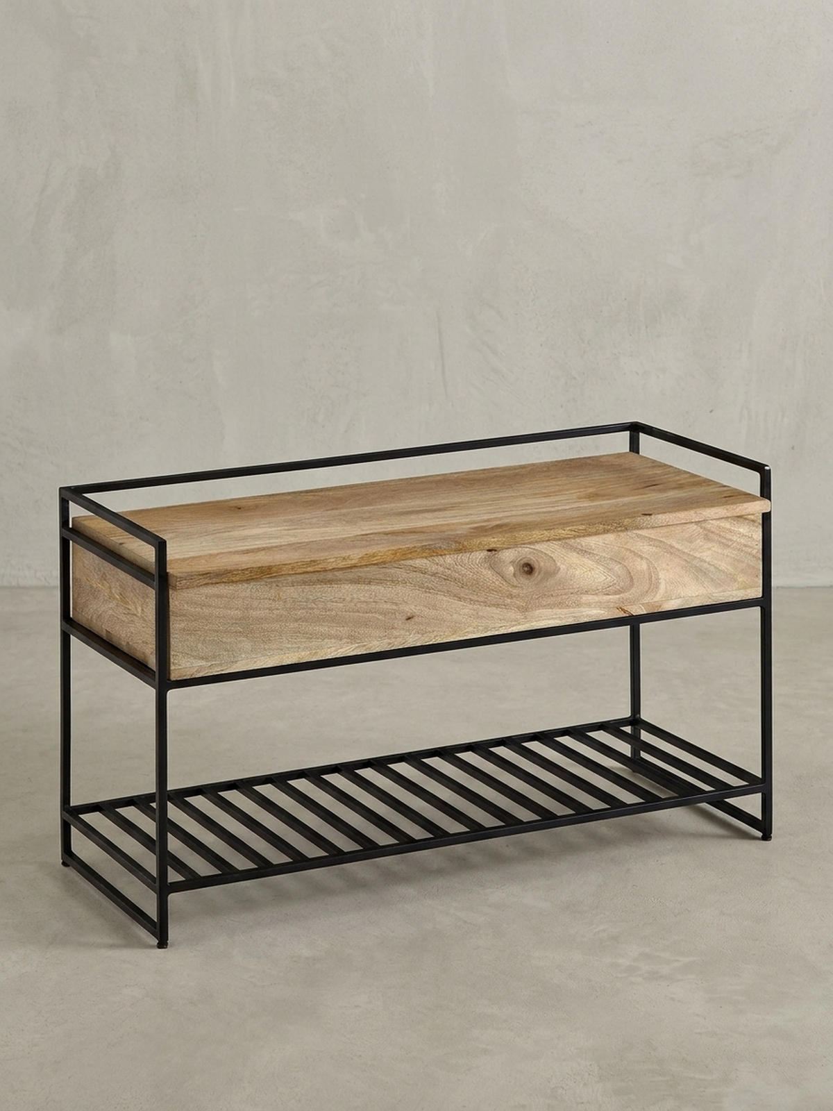 FLURBANK Holz Metall Sitzfläche hochklappbar, Beige 90x38x52 cm - Beige/Schwarz, Holz/Metall (90/52/38cm) - KADIMA DESIGN