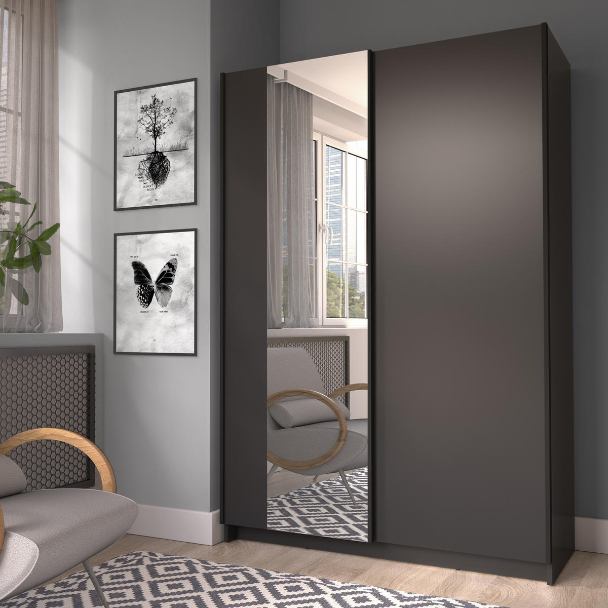 SCHWEBETÜRENSCHRANK CERON 120/182/54,6cm 2-türig mit Spiegel Schwarz - Schwarz, Holzwerkstoff (120/182/54.6cm) - MASSENO