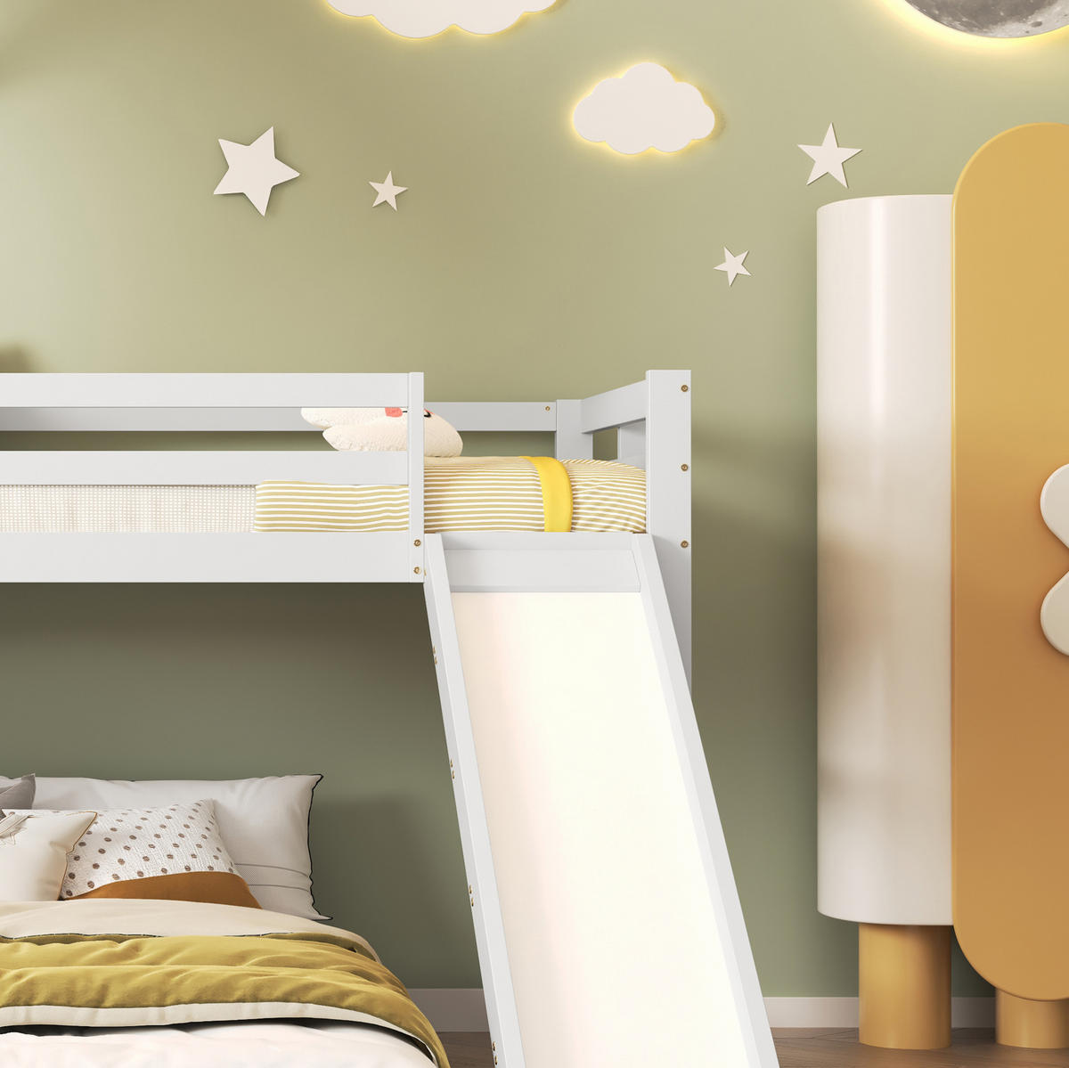 ETAGENBETT 90/200 & 140/200 cm mit Rutsche, Hausdesign und Leiter - Weiß, Holzwerkstoff (90/200cm) - OKMYHOME